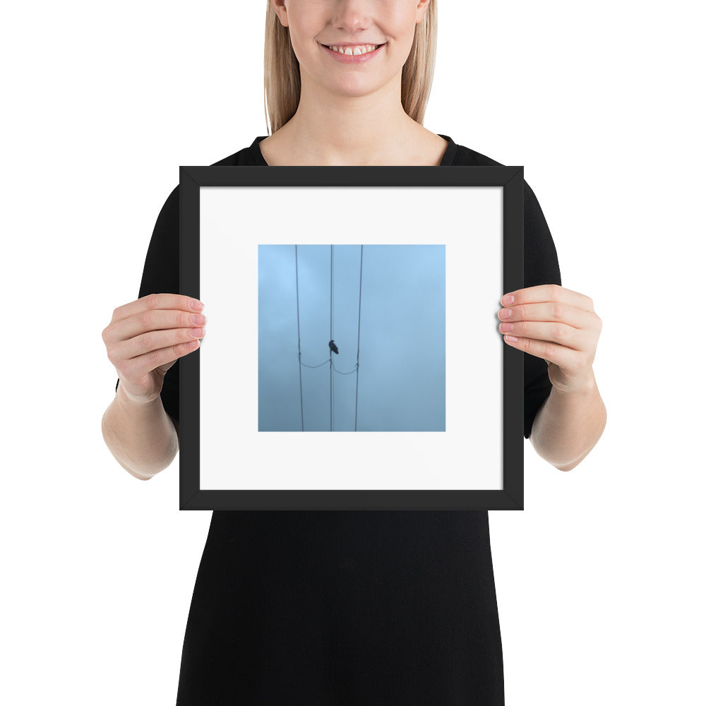 Crow and Power Lines Art – Framed Matte Paper Poster, Black Frame, Front View