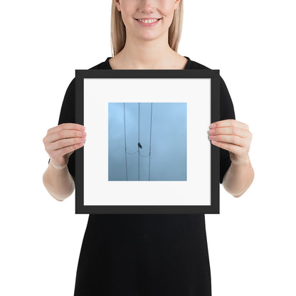 Crow and Power Lines Art – Framed Matte Paper Poster, Black Frame, Front View