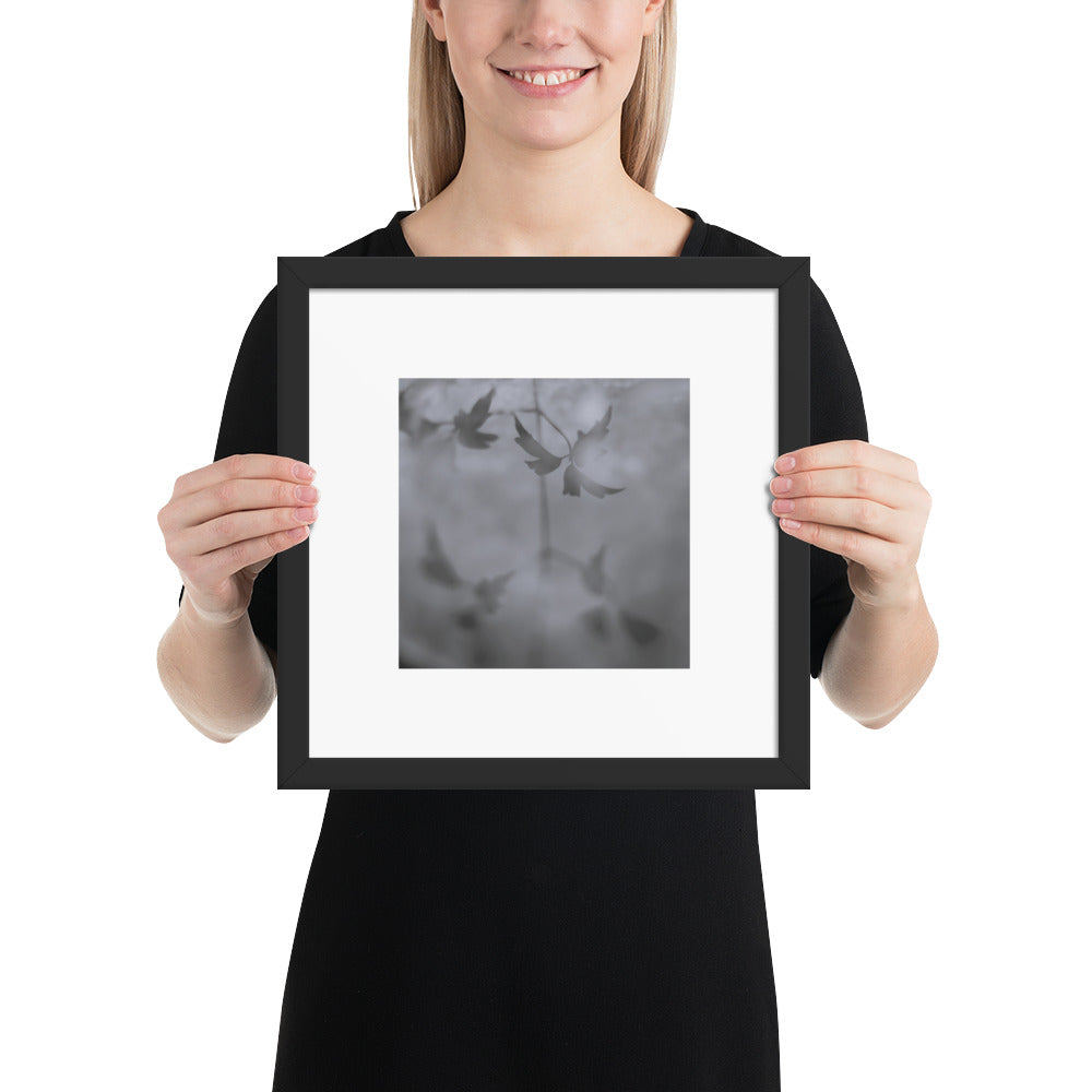 Minimalist mode style framed matte paper poster with a 'Water Surface & Leaves' black and white photo print and black frame / モードストリート系フレーム付きマット紙ポスター、「水面と葉」のモノクロ写真プリント（ブラックフレーム）