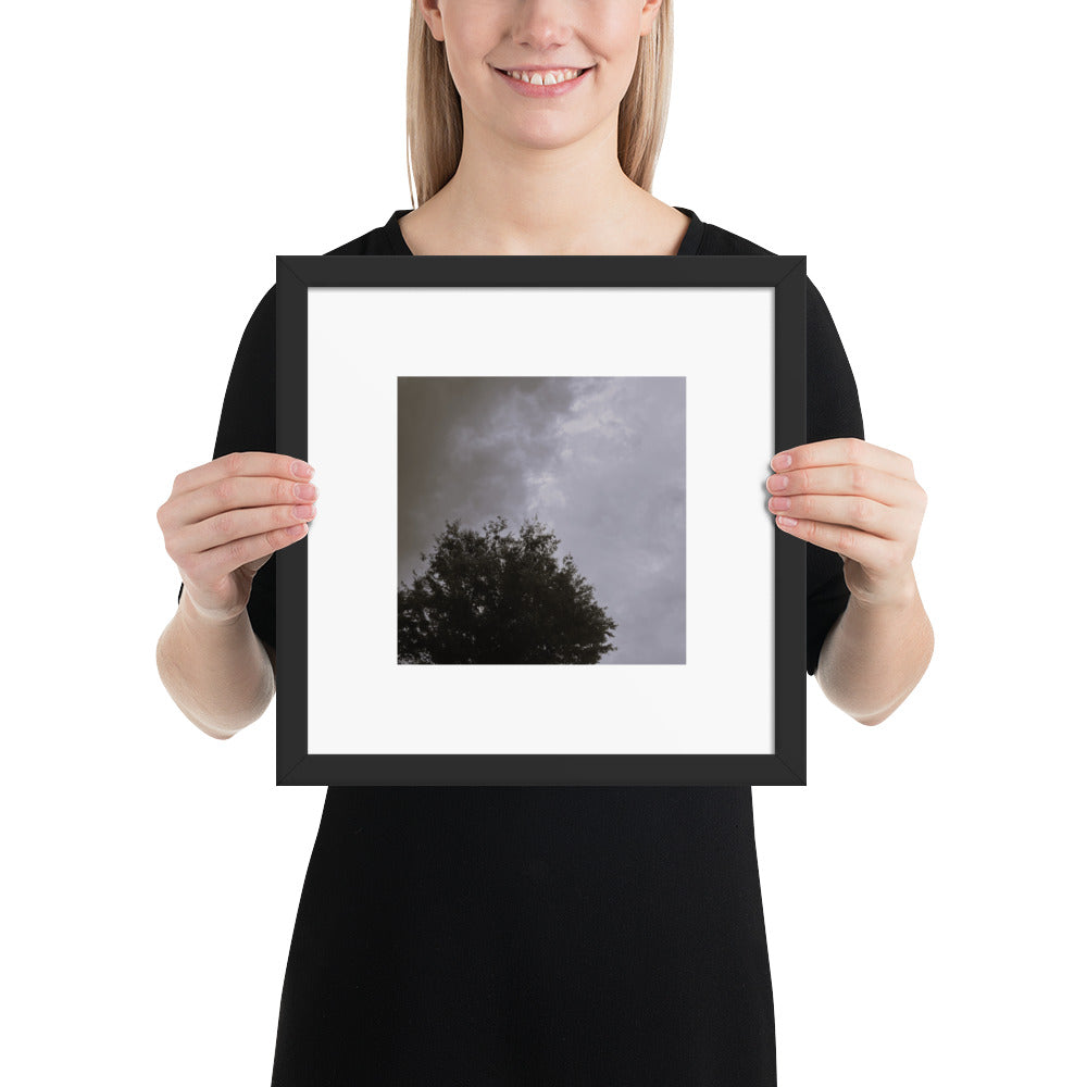 Minimalist mode style framed matte paper poster with a 'Clouds & Tree' black and white photo print and black frame / モードストリート系フレーム付きマット紙ポスター、「Clouds & Tree（雲と木）」のモノクロ写真プリント（ブラックフレーム）