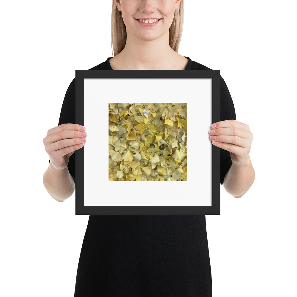 Minimalist art framed matte paper poster in black frame featuring the 'Ginkgo Fallen Leaves' photo art. / フレーム付きマットペーパーポスター（ブラックフレーム）：「イチョウの落ち葉」のフォトアートを配したミニマリストデザイン。