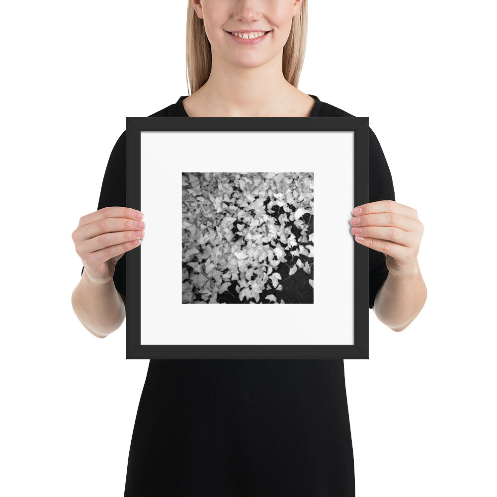 Minimalist art framed matte paper poster in black frame featuring the 'Ginkgo Biloba (B&W)' photo art. / フレーム付きマットペーパーポスター（ブラックフレーム）：「イチョウ (モノクロ)」のフォトアートを配したミニマリストデザイン。