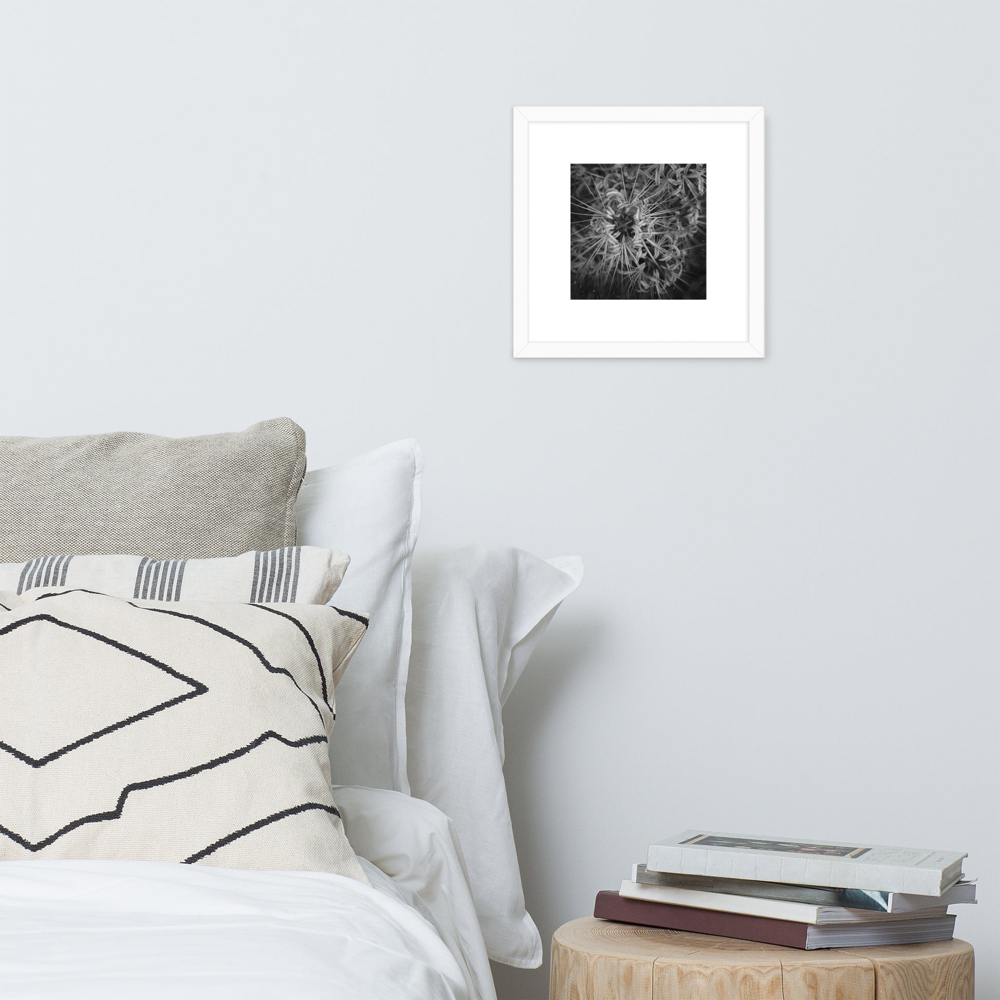 Red Spider Lily B&W Art – Framed Poster, White Frame, Front View