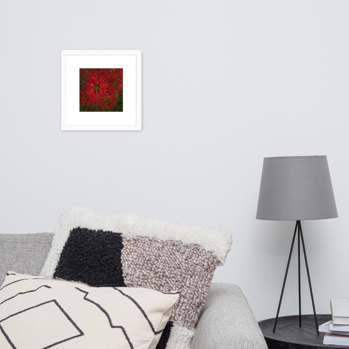 Red Spider Lily Botanical Art – Framed Poster 12x12, White Frame, Front View