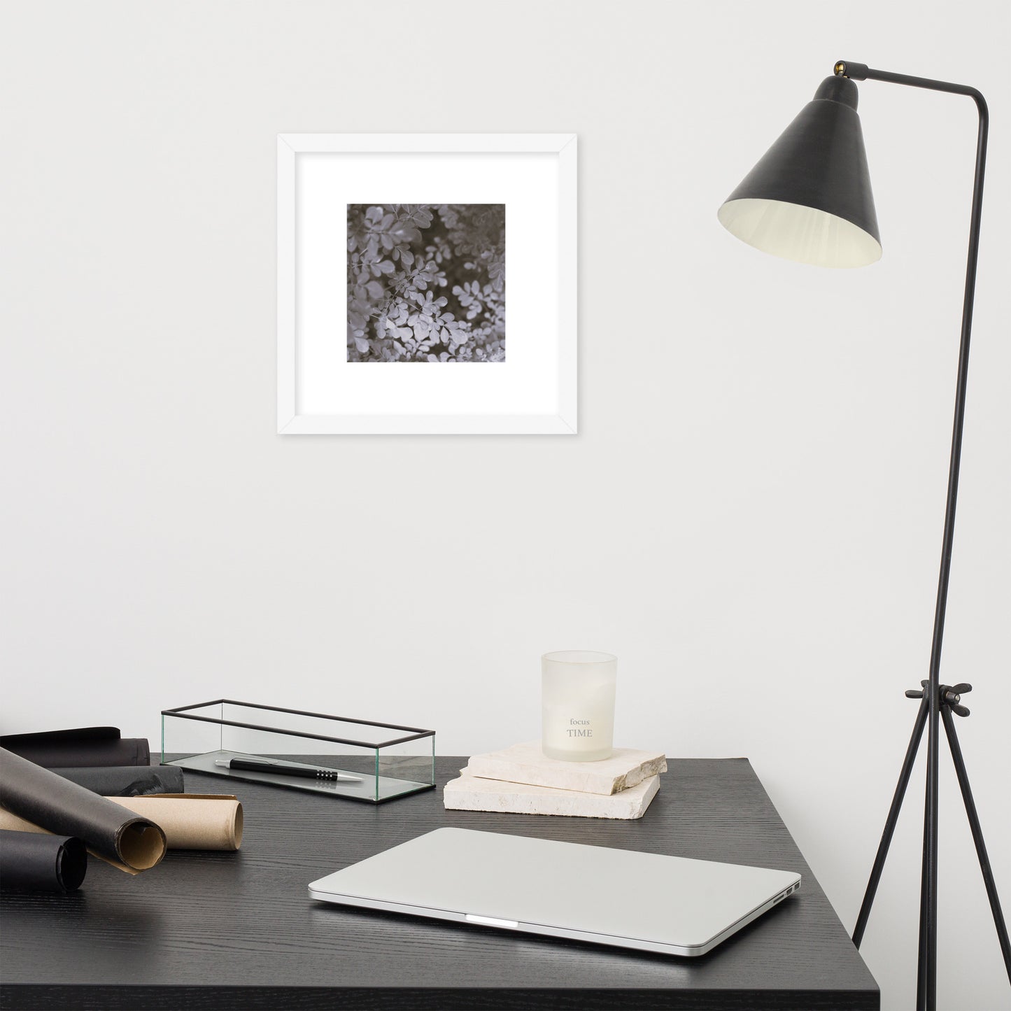 Matsukazesou Botanical B&W Art – Framed Matte Paper Poster, White Frame, Front View