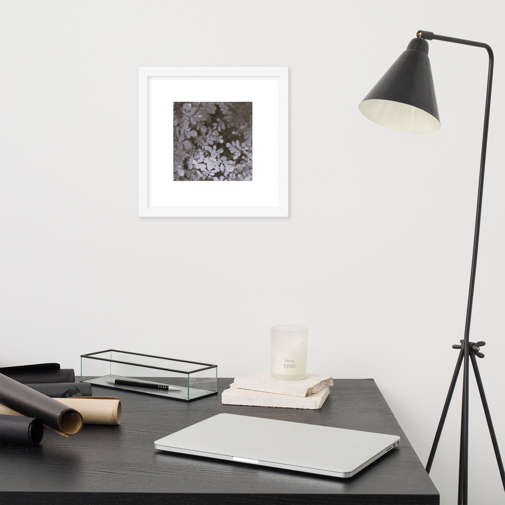 Matsukazesou Botanical B&W Art – Framed Matte Paper Poster, White Frame, Front View