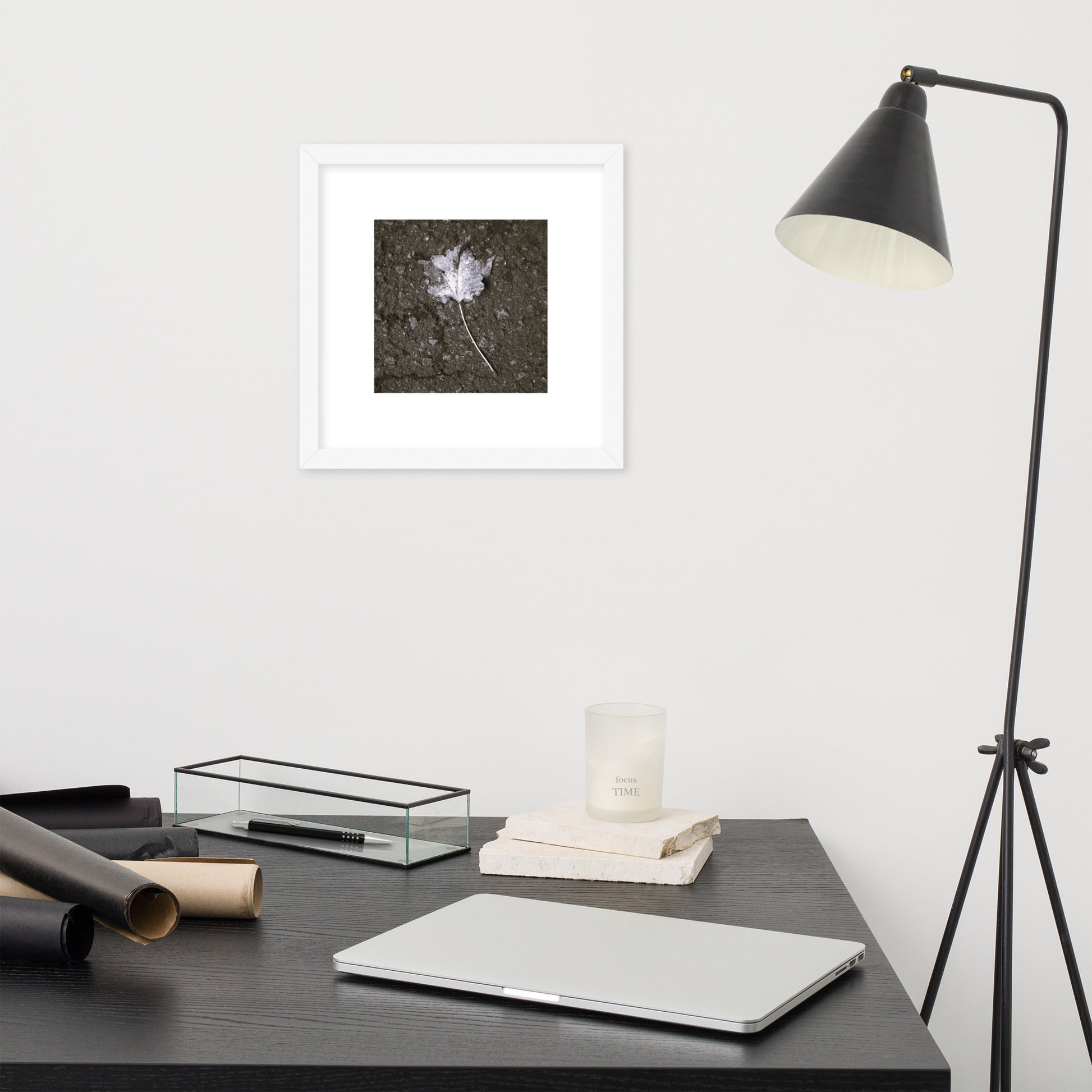 Maple Leaf Botanical B&W Art – Framed Matte Paper Poster, White Frame, Front View