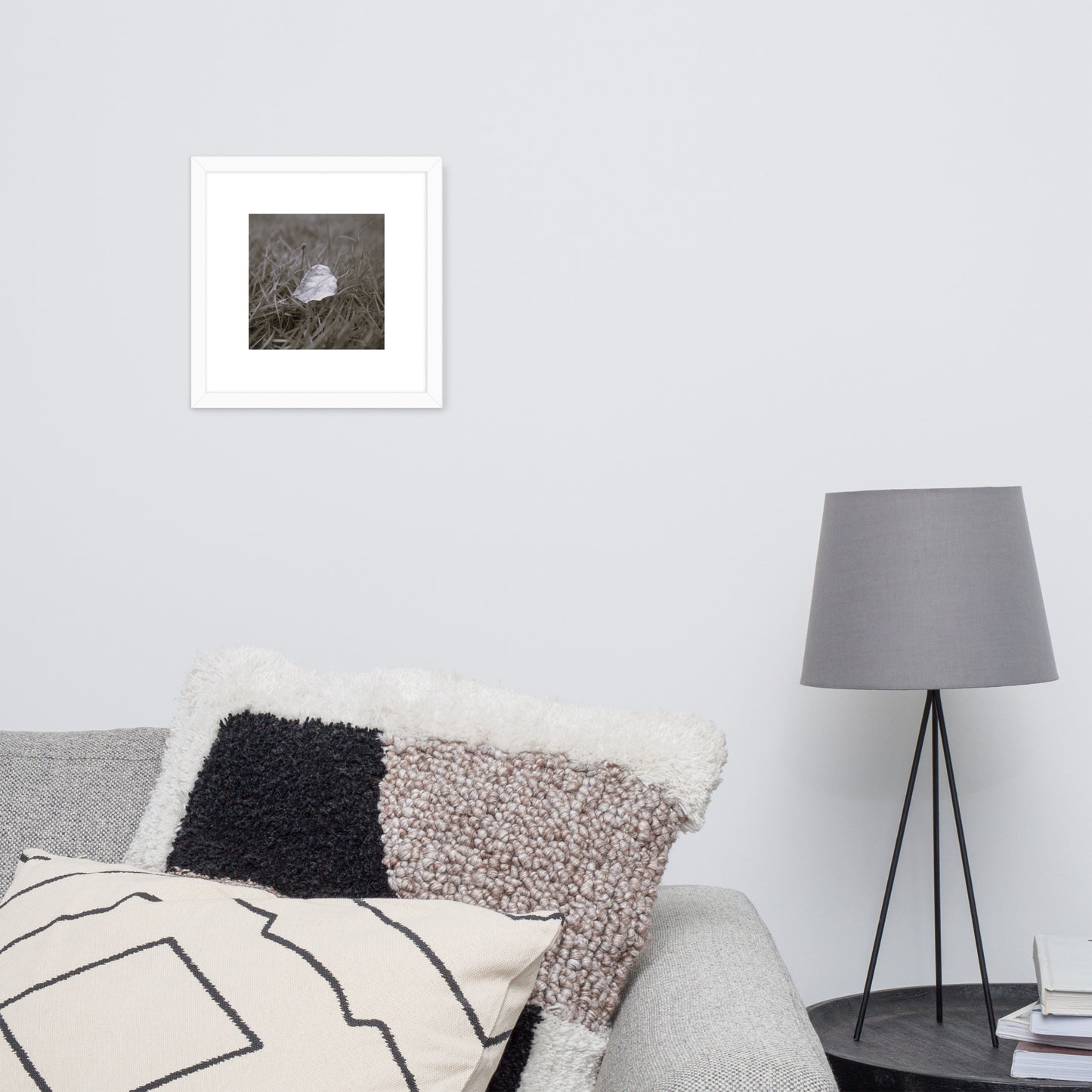 Yellow Fallen Leaf Botanical B&W Art – Framed Matte Paper Poster, White Frame, Front View
