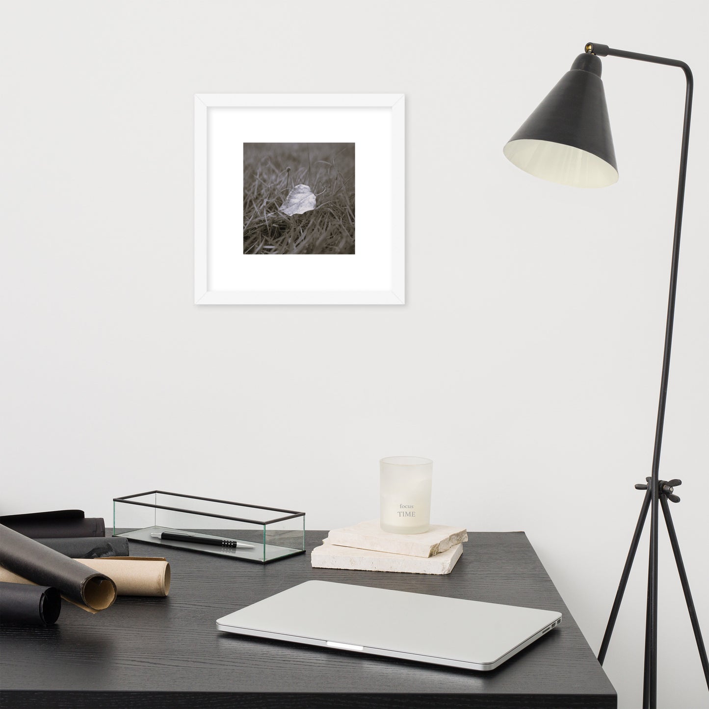 Yellow Fallen Leaf Botanical B&W Art – Framed Matte Paper Poster, White Frame, Front View