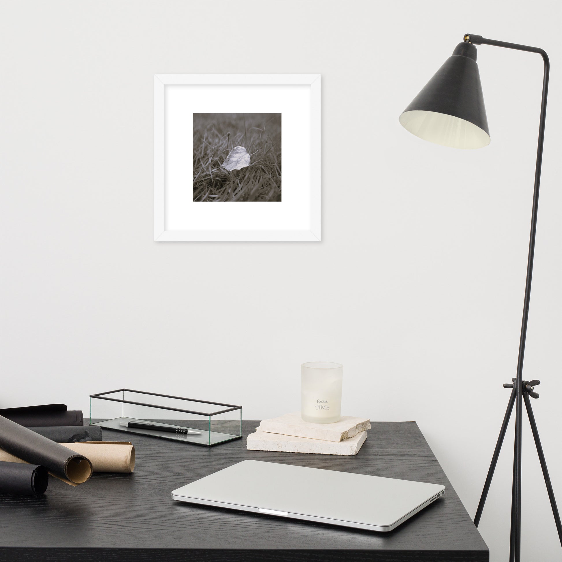 Yellow Fallen Leaf Botanical B&W Art – Framed Matte Paper Poster, White Frame, Front View