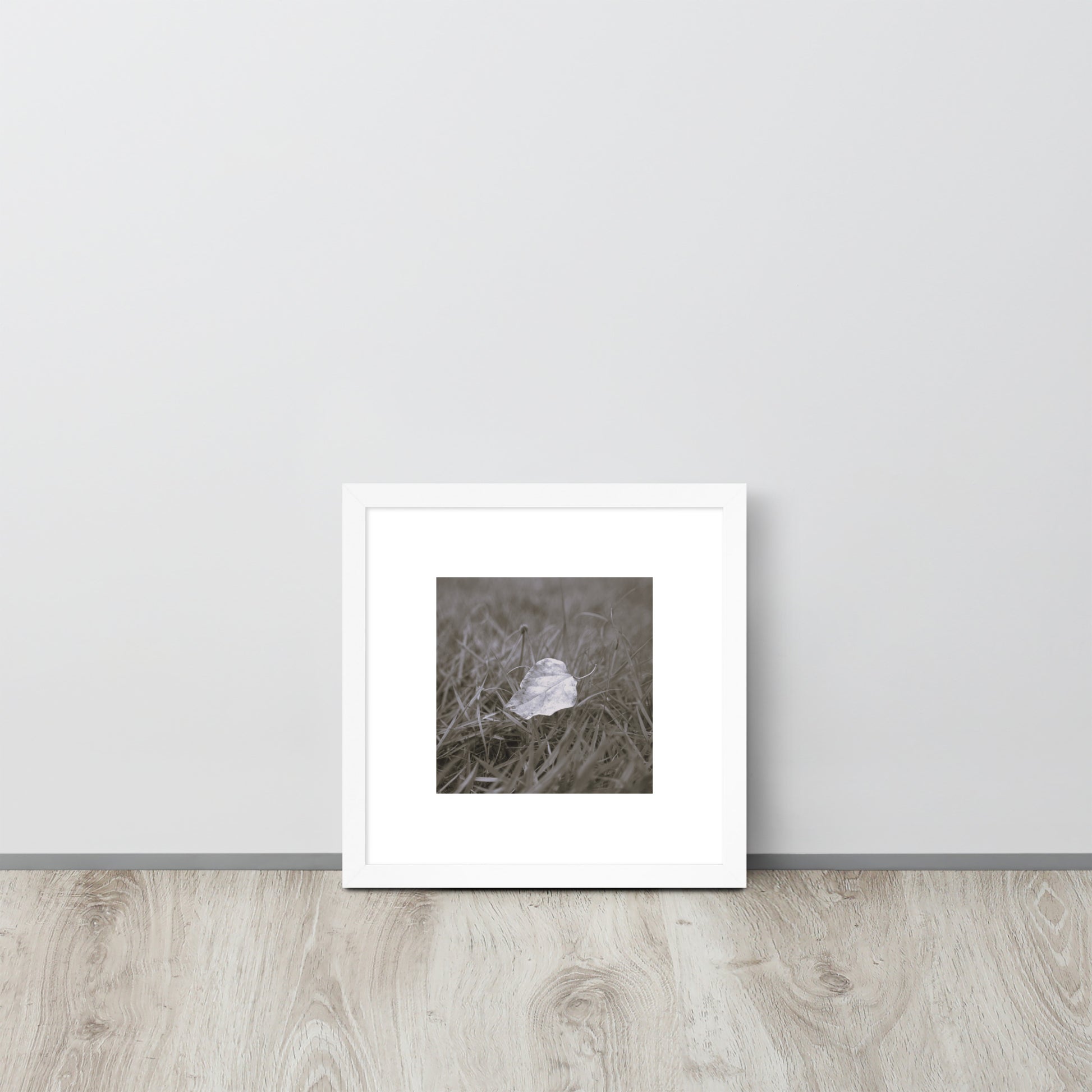 Yellow Fallen Leaf Botanical B&W Art – Framed Matte Paper Poster, White Frame, Front View