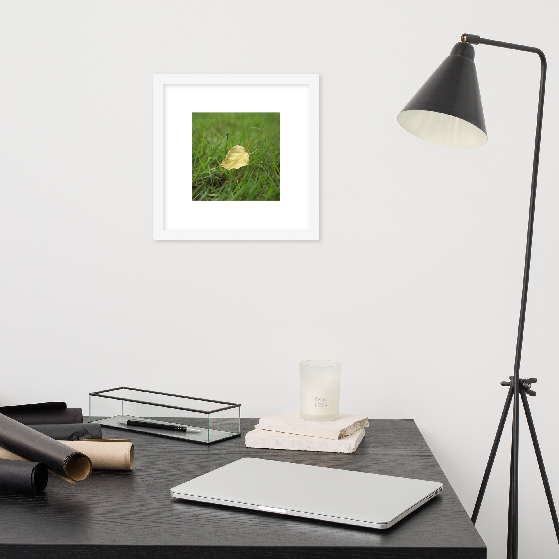 Yellow Fallen Leaf Botanical Art – Framed Matte Paper Poster, White Frame, Front View