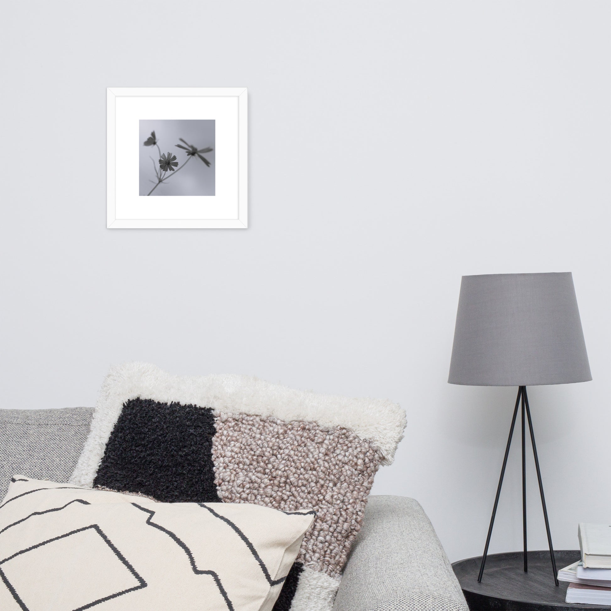 Three Cosmos Flowers Botanical B&W Art – Framed Matte Paper Poster, White Frame, Front View
