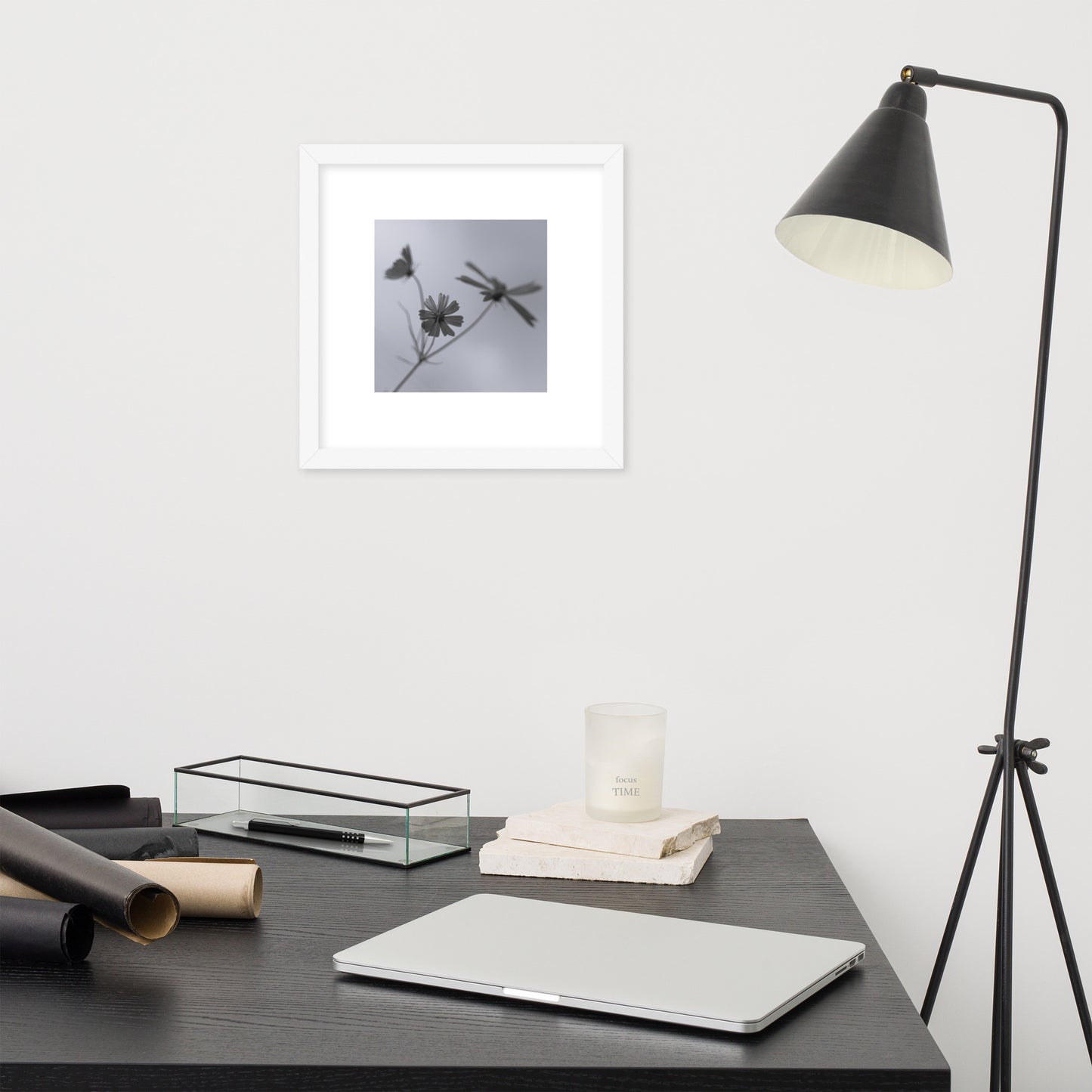 Three Cosmos Flowers Botanical B&W Art – Framed Matte Paper Poster, White Frame, Front View