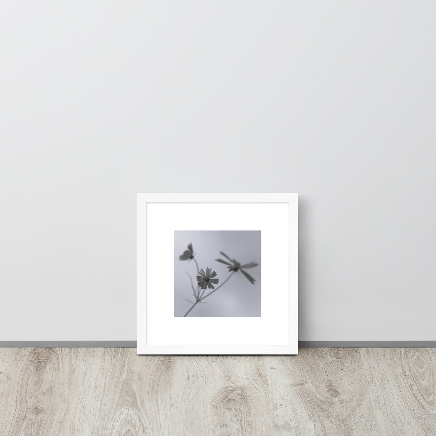 Three Cosmos Flowers Botanical B&W Art – Framed Matte Paper Poster, White Frame, Front View