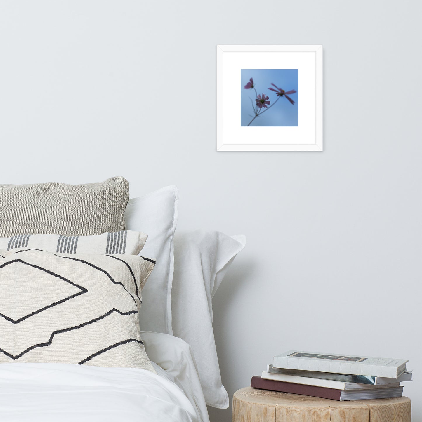 Three Cosmos Flowers Botanical Art – Framed Matte Paper Poster, White Frame, Front View