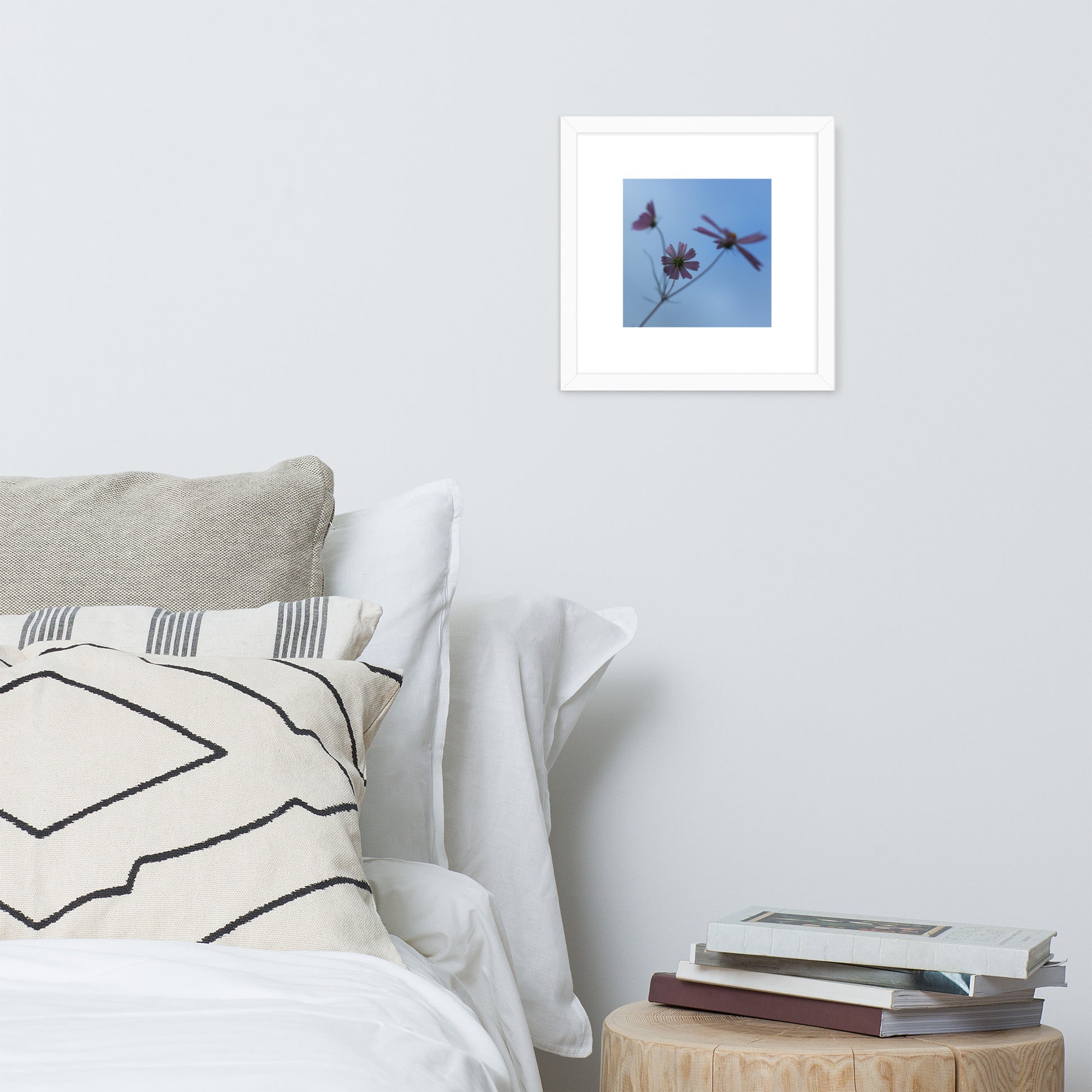 Three Cosmos Flowers Botanical Art – Framed Matte Paper Poster, White Frame, Front View