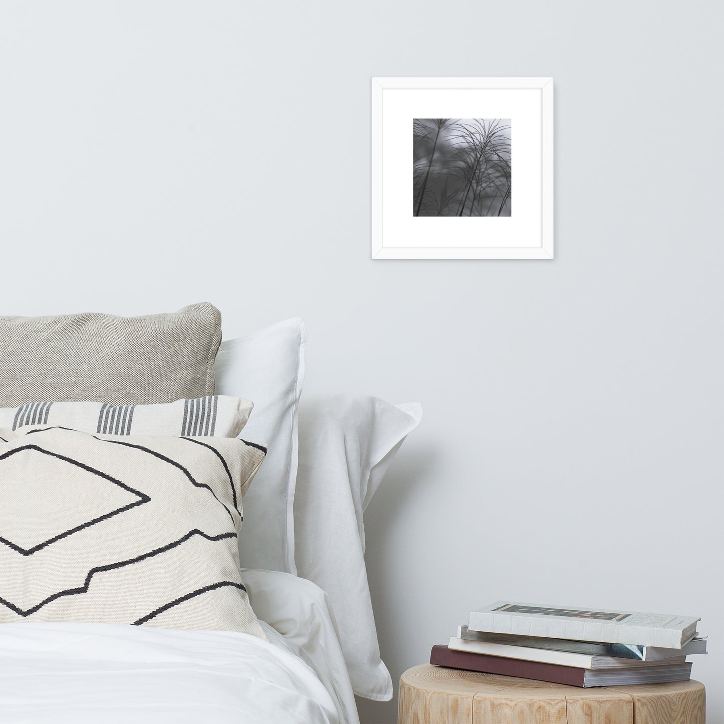 Silver Grass Cluster Botanical B&W Art – Framed Matte Paper Poster, White Frame, Front View