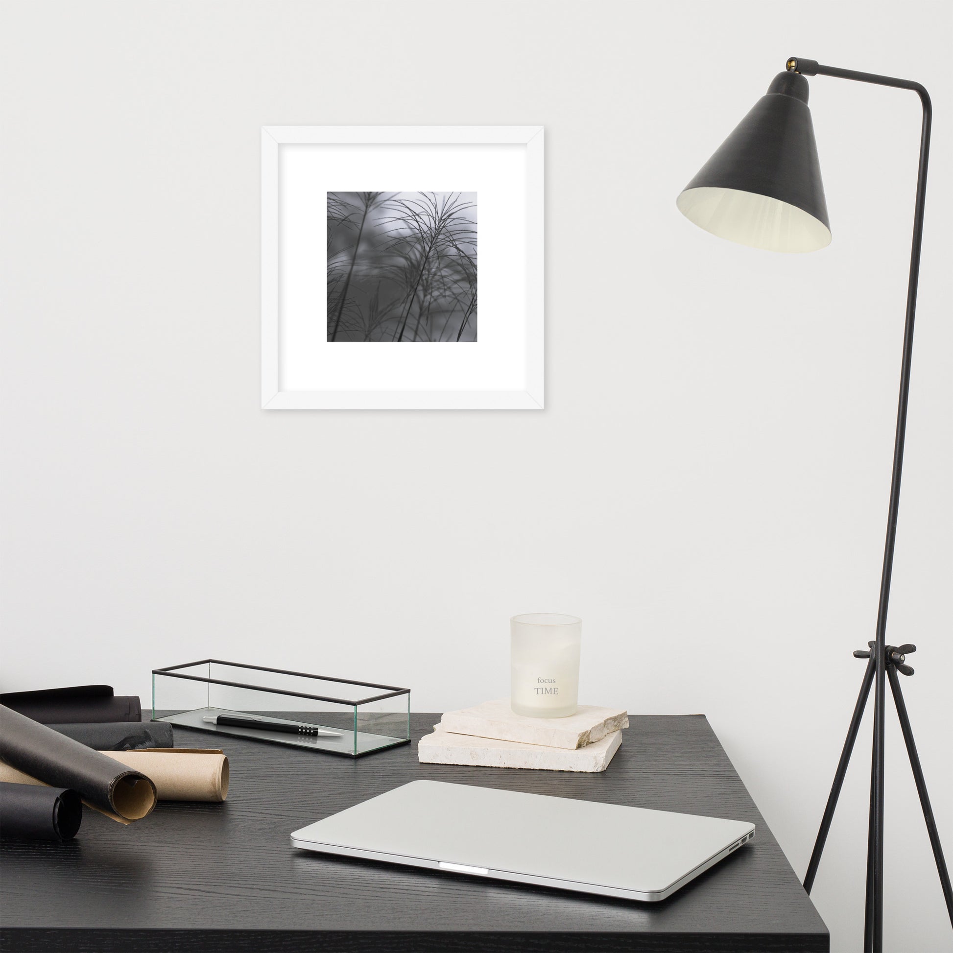 Silver Grass Cluster Botanical B&W Art – Framed Matte Paper Poster, White Frame, Front View