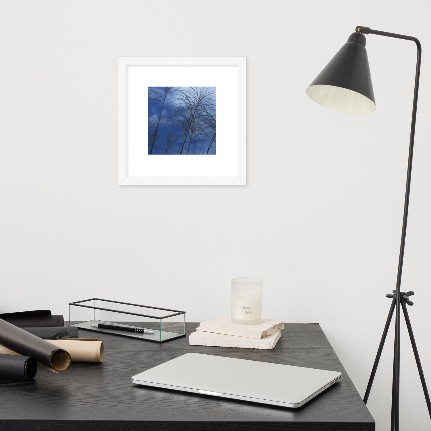 Silver Grass Cluster Botanical Art – Framed Matte Paper Poster, White Frame, Front View
