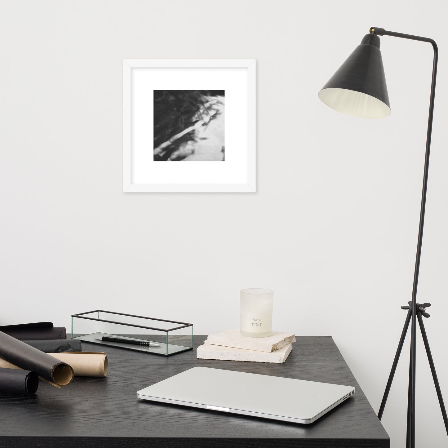River Surface Botanical B&W Art – Framed Matte Paper Poster, White Frame, Front View