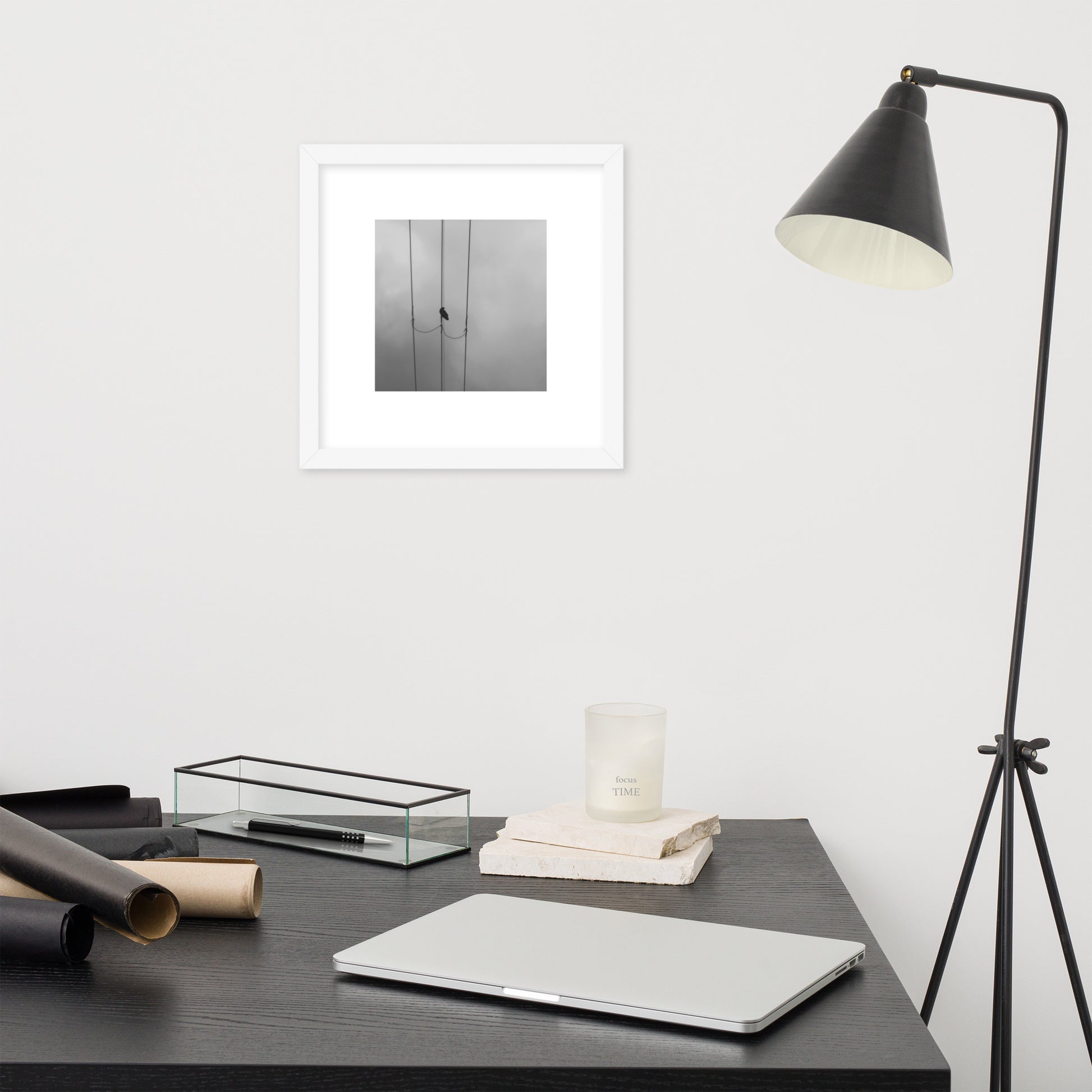 Crow and Power Lines B&W Art – Framed Matte Paper Poster, White Frame, Front View