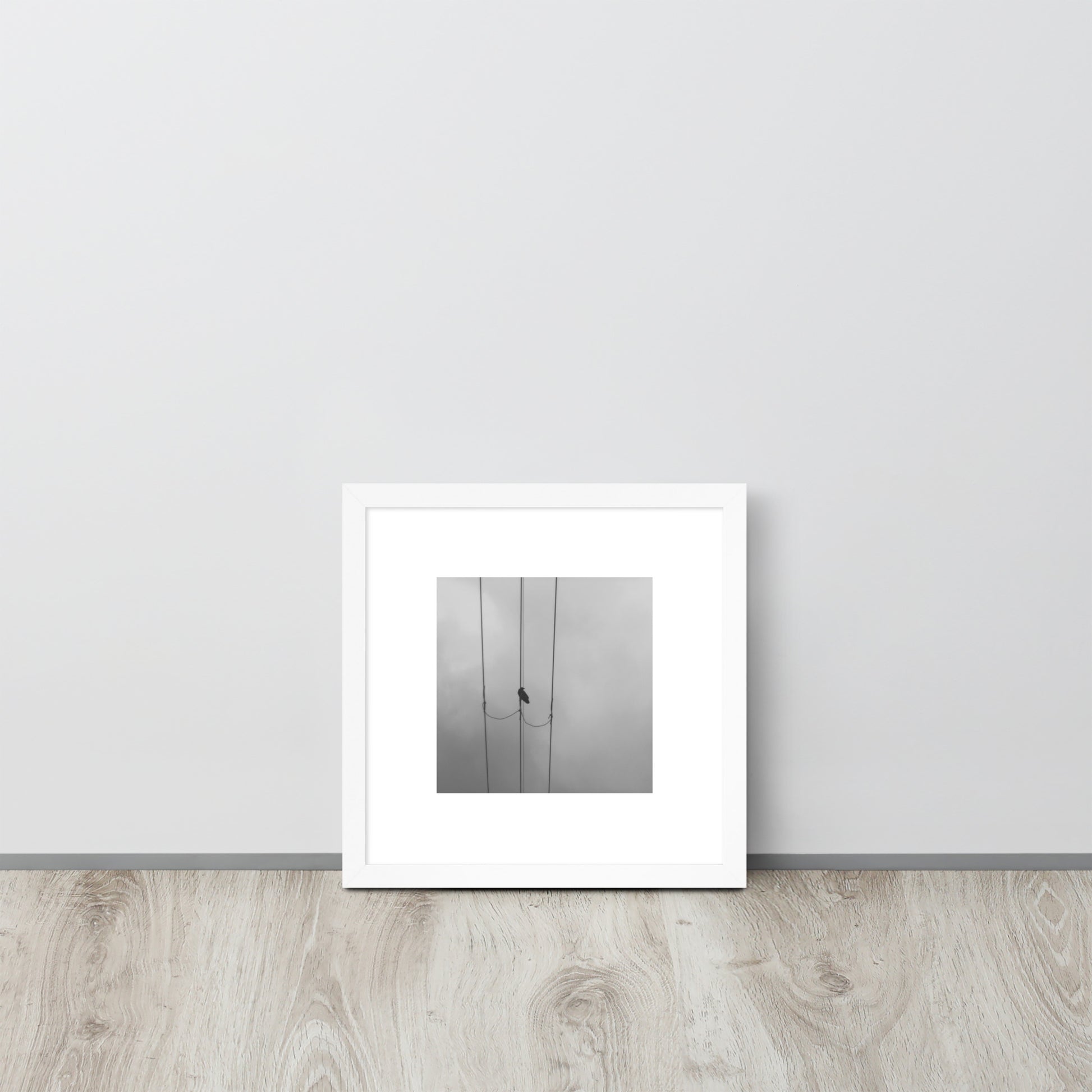 Crow and Power Lines B&W Art – Framed Matte Paper Poster, White Frame, Front View
