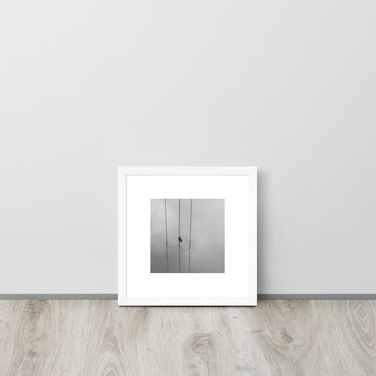 Crow and Power Lines B&W Art – Framed Matte Paper Poster, White Frame, Front View