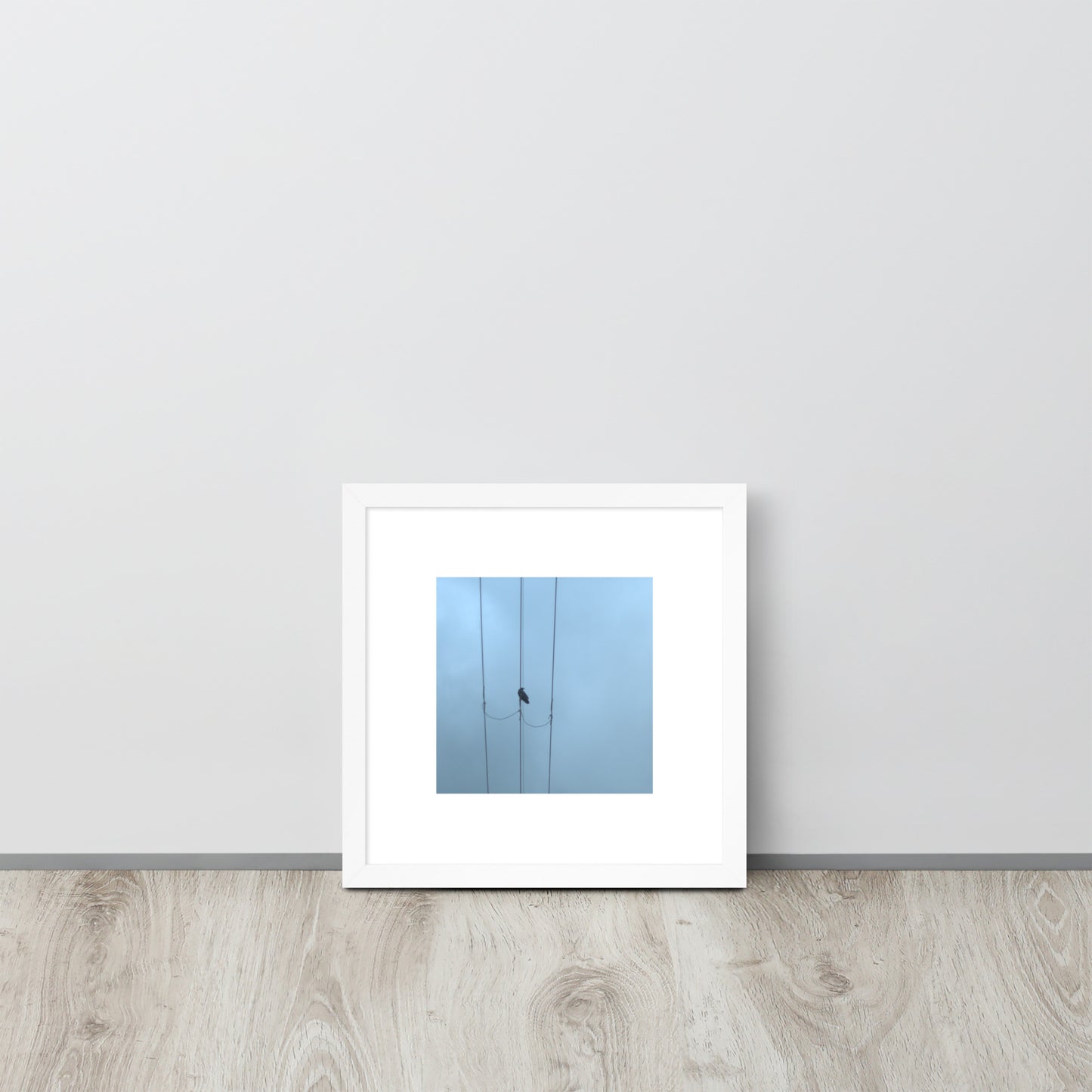 Crow and Power Lines Art – Framed Matte Paper Poster, White Frame, Front View