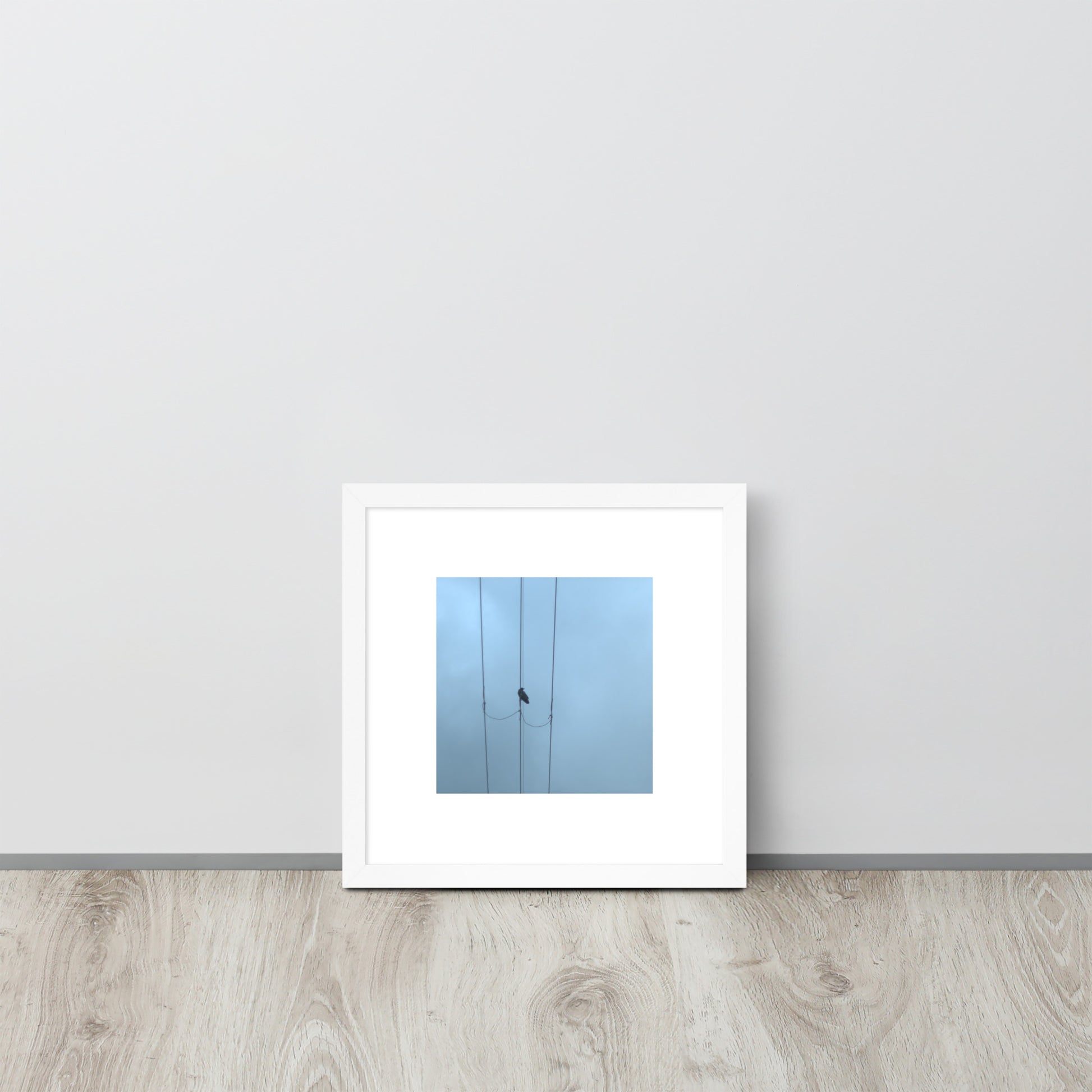 Crow and Power Lines Art – Framed Matte Paper Poster, White Frame, Front View