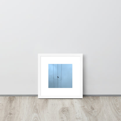 Crow and Power Lines Art – Framed Matte Paper Poster, White Frame, Front View