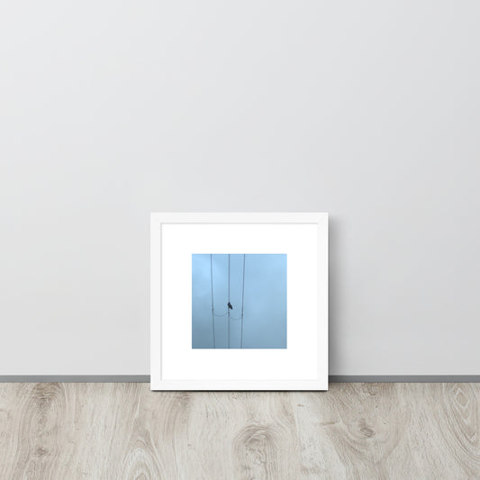 Crow and Power Lines Art – Framed Matte Paper Poster, White Frame, Front View