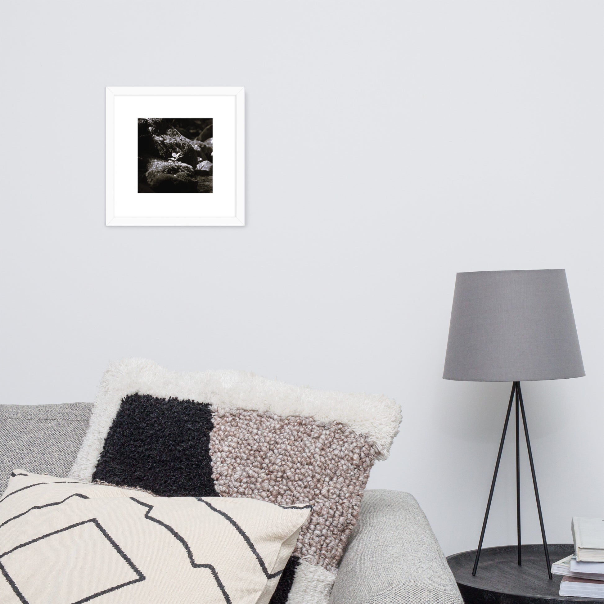Plant on a Rock (B&W) Art – Framed Matte Paper Poster, White Frame, Lifestyle View