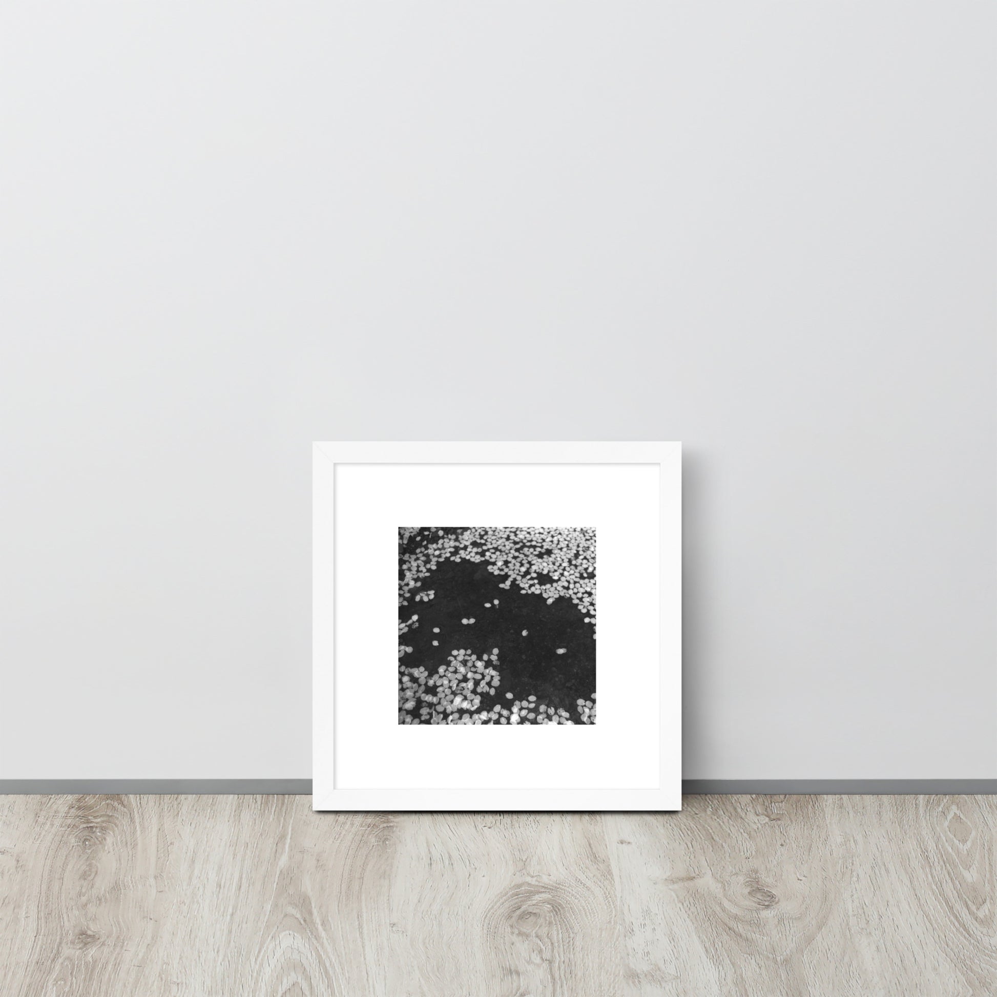 Cherry Blossoms (B&W) Art – Framed Matte Paper Poster, White Frame, Lifestyle View