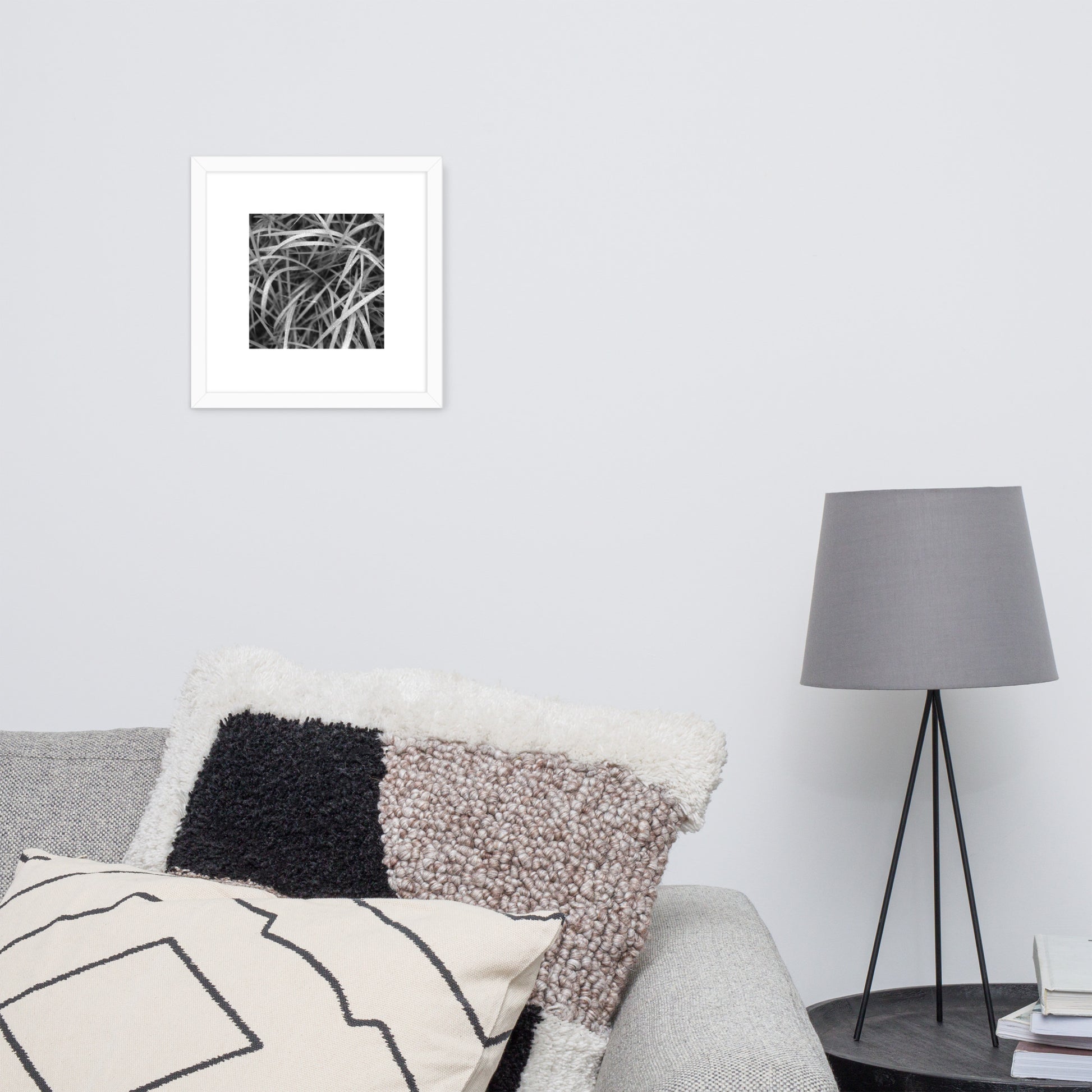 Weeds (B&W) Art – Framed Matte Paper Poster, White Frame, Angled View