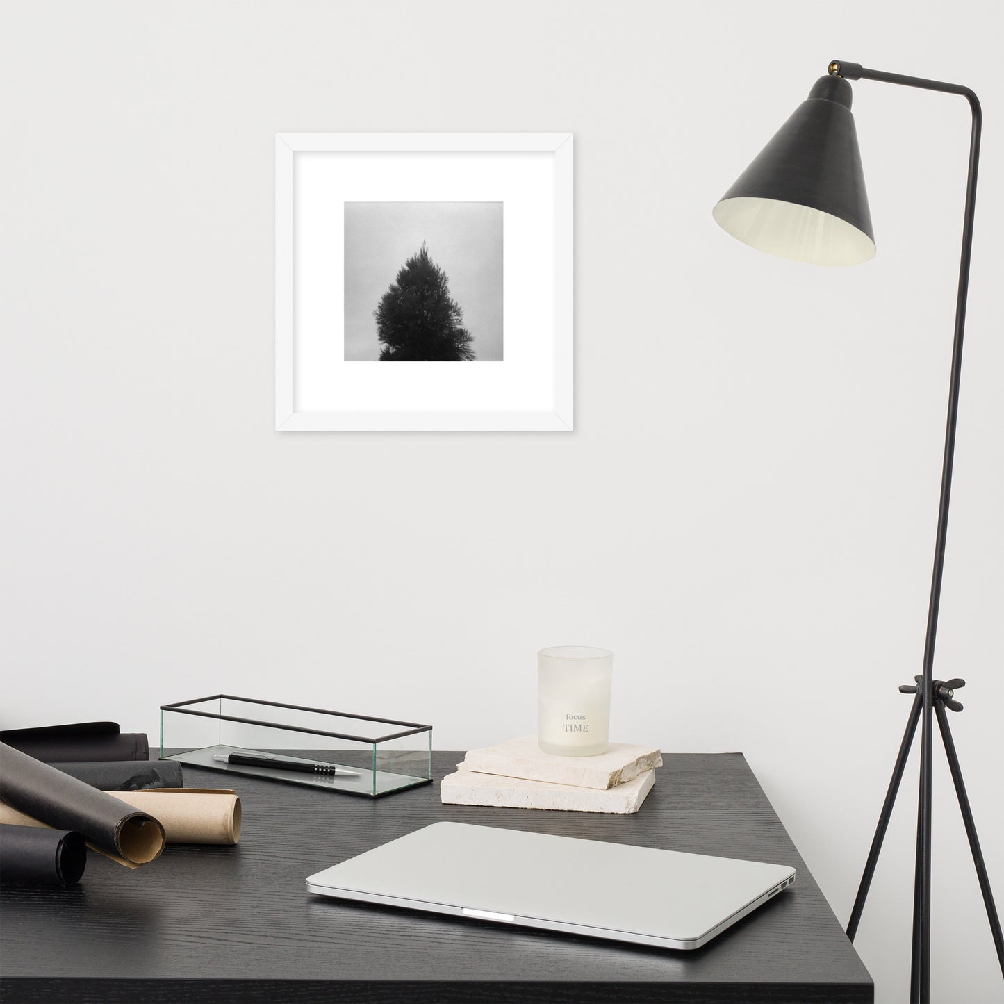 Fog and Trees (B&W) - Framed Matte Paper Poster, White, Front View