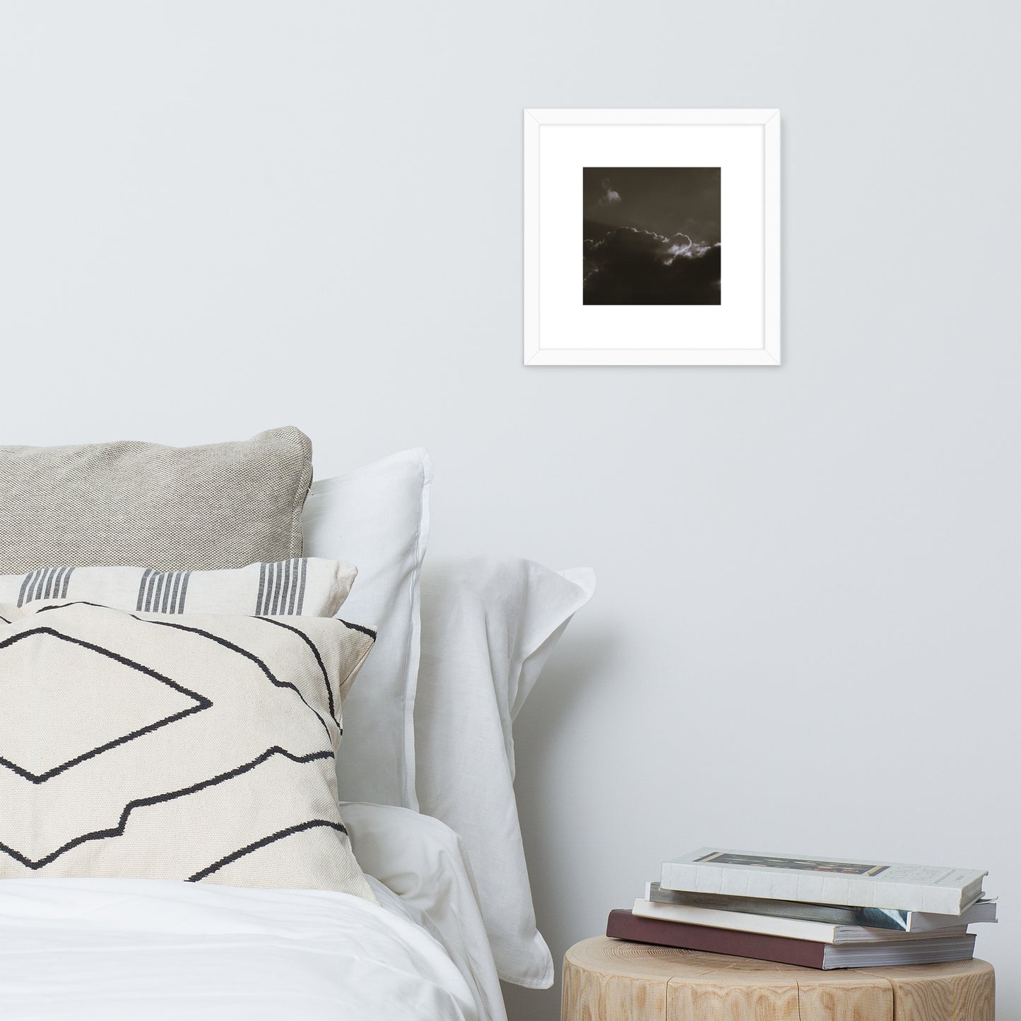Light Rays through Clouds (B&W) - Framed Matte Paper Poster, White, Front View