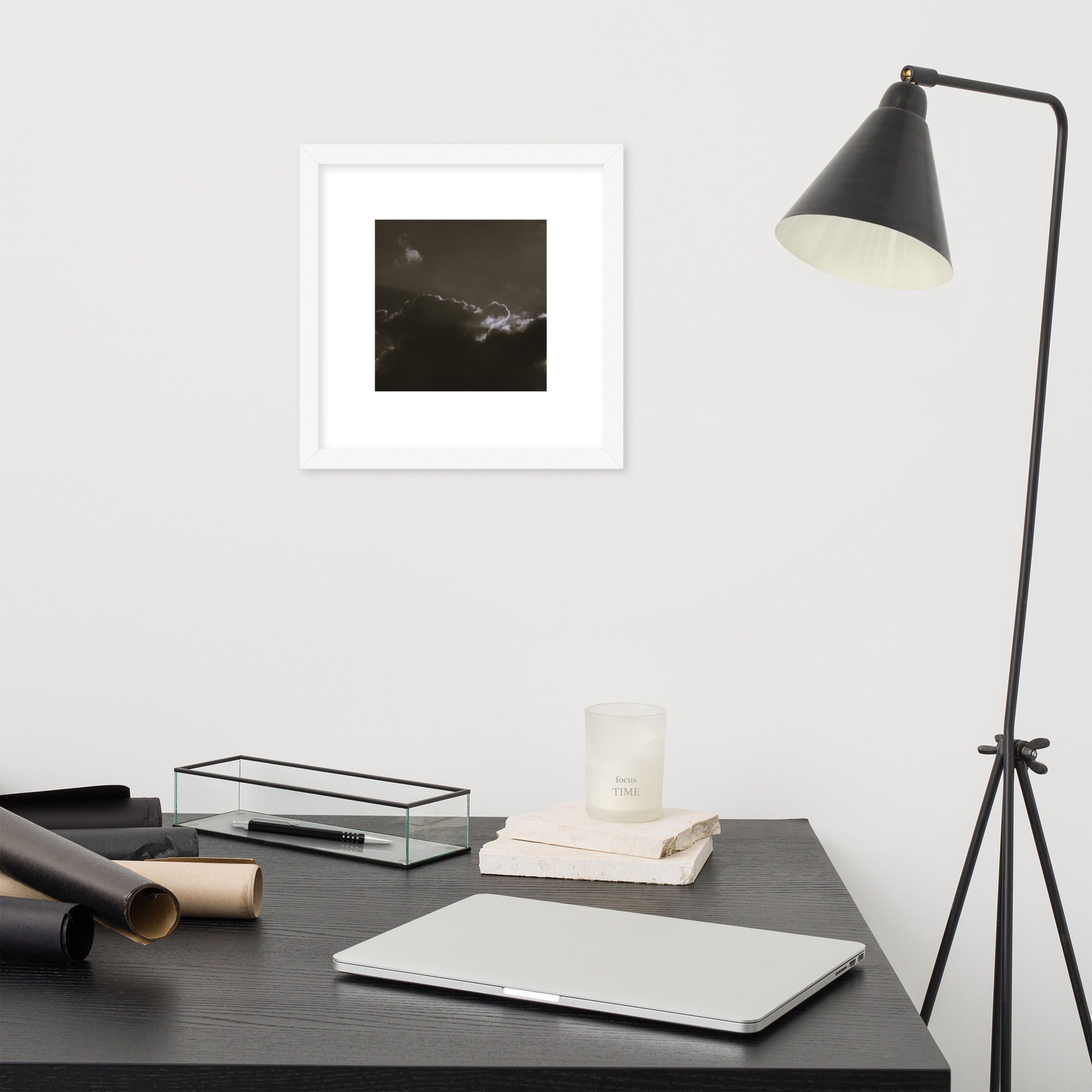 Light Rays through Clouds (B&W) - Framed Matte Paper Poster, White, Front View
