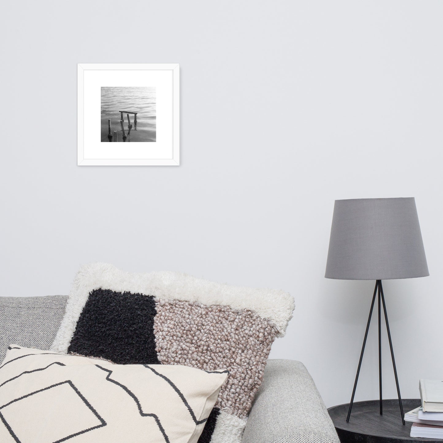Decayed Pier (B&W) - Framed Matte Paper Poster, White, Front View