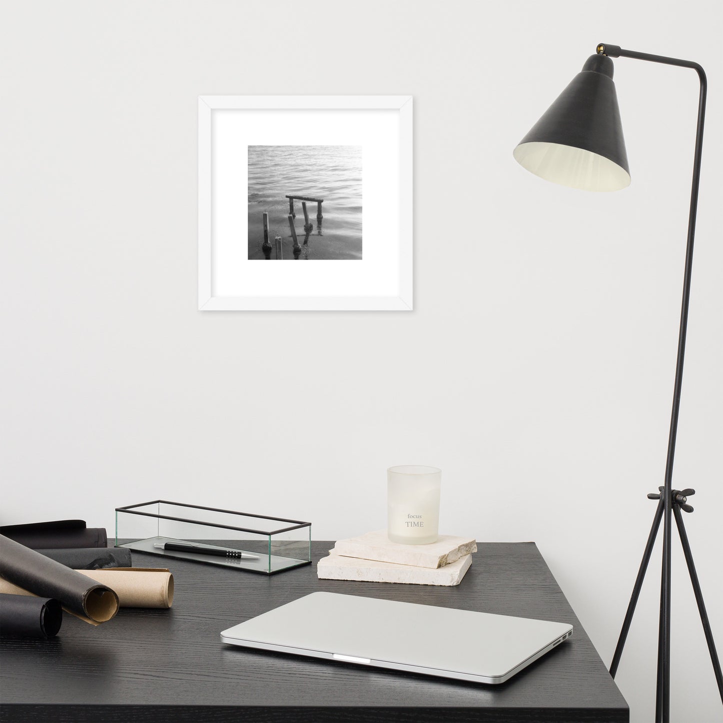 Decayed Pier (B&W) - Framed Matte Paper Poster, White, Front View