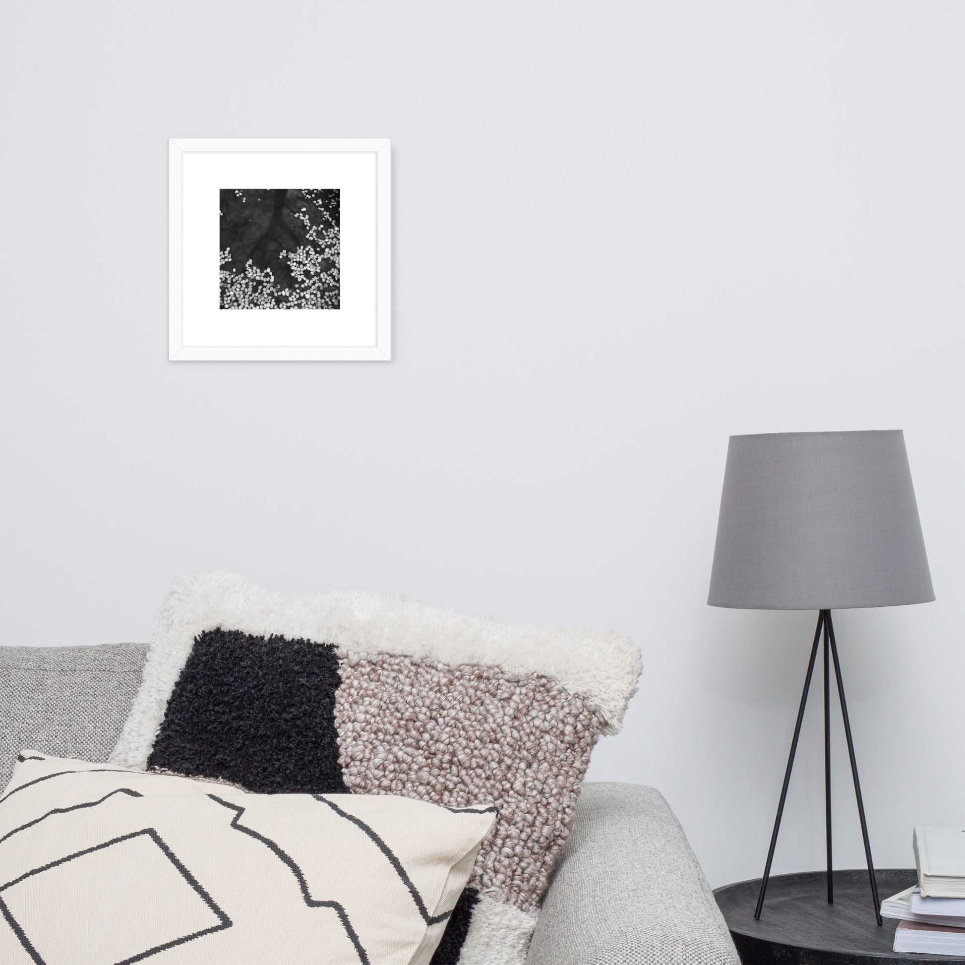 Cherry Blossom Petals on Water Surface (B&W) - Framed Matte Paper Poster, White Frame, Front View
