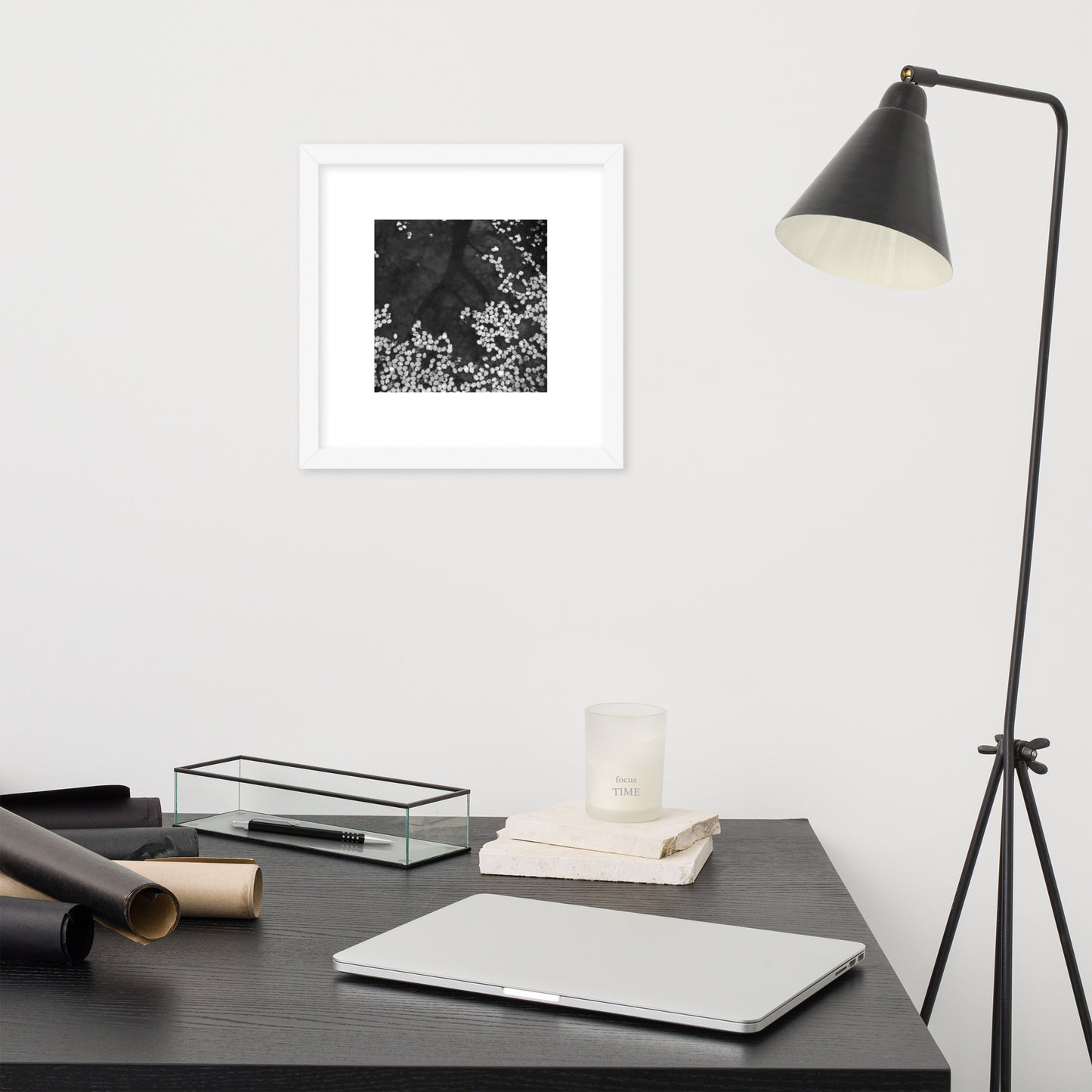 Cherry Blossom Petals on Water Surface (B&W) - Framed Matte Paper Poster, White Frame, Front View
