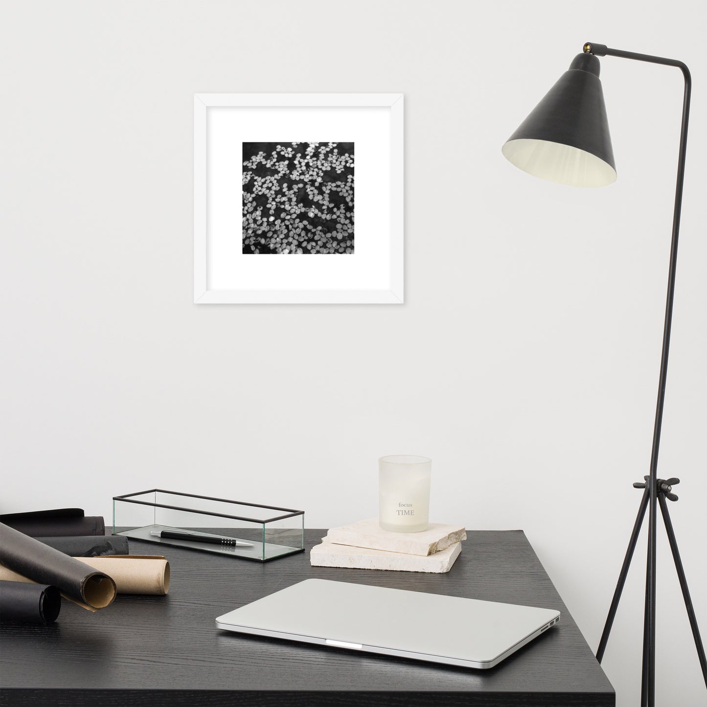 Cherry Blossom Petals in Puddle (B&W) - Framed Matte Paper Poster, White Frame