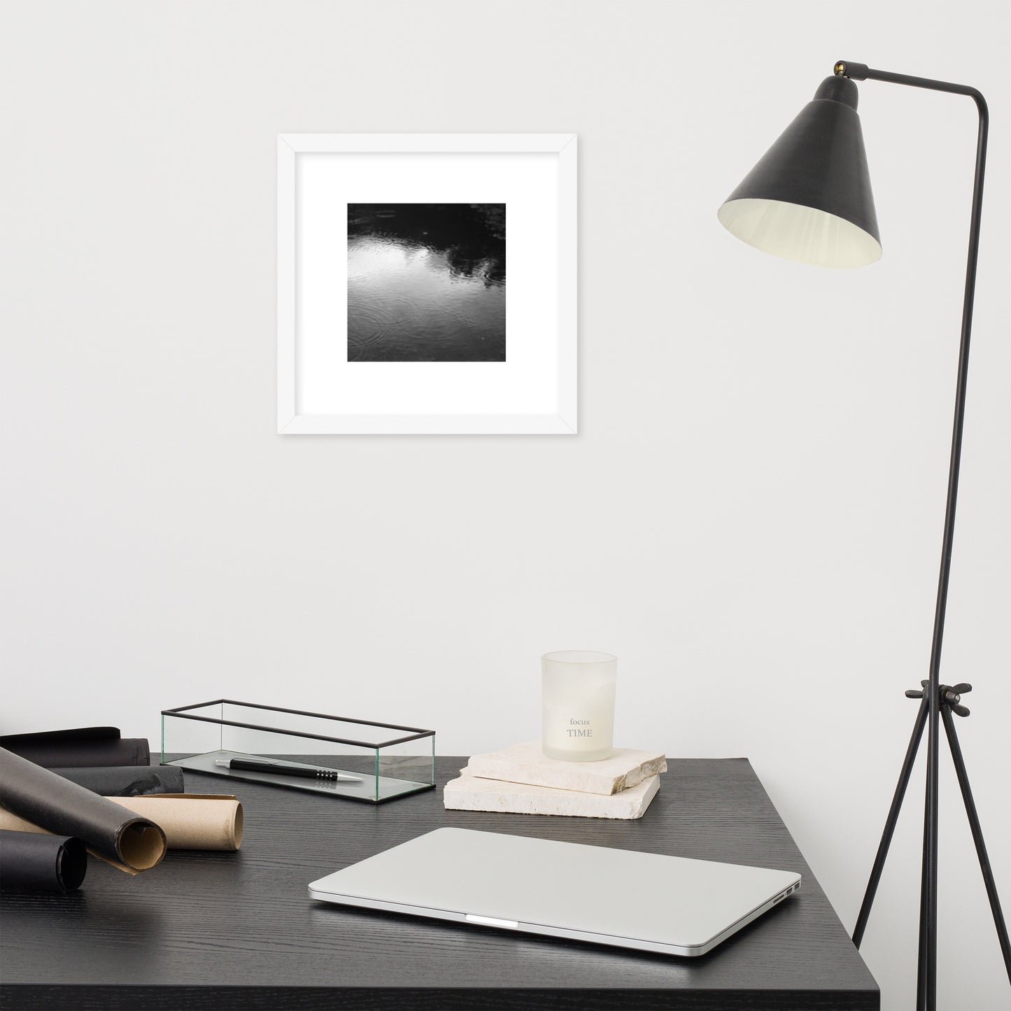 Ripples in Puddle B and W Framed Matte Paper Poster White
