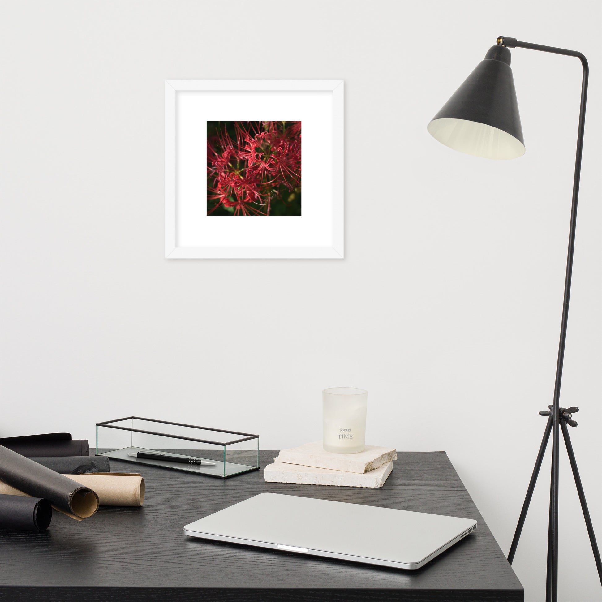 Red Spider Lily framed matte paper poster, white frame