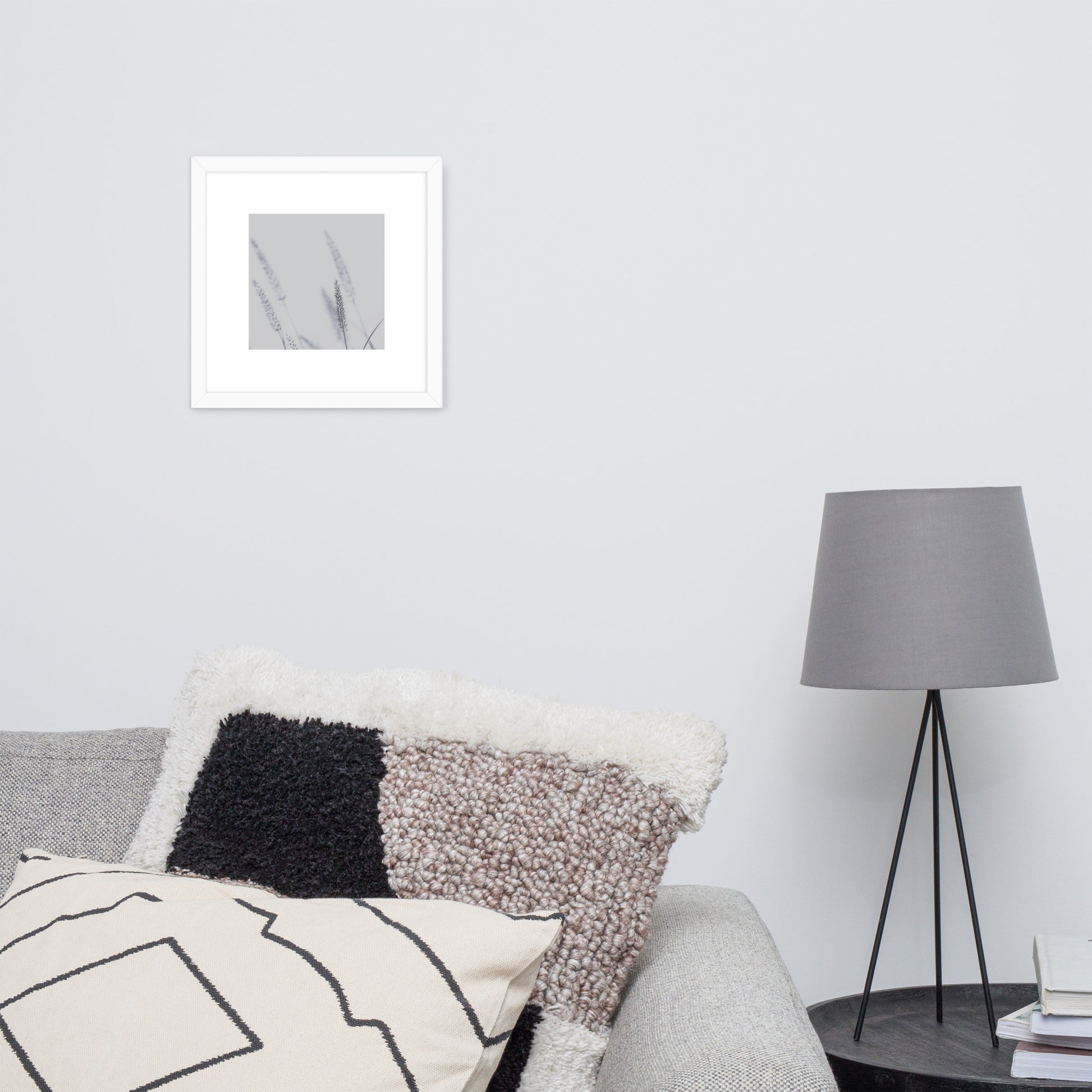 Minimalist mode style framed matte paper poster with a 'Foxtail Grass' print and a white frame / モードストリート系フレーム付きポスター（ホワイトフレーム）、「Foxtail Grass（エノコログサ）」のプリント（壁掛けアート）