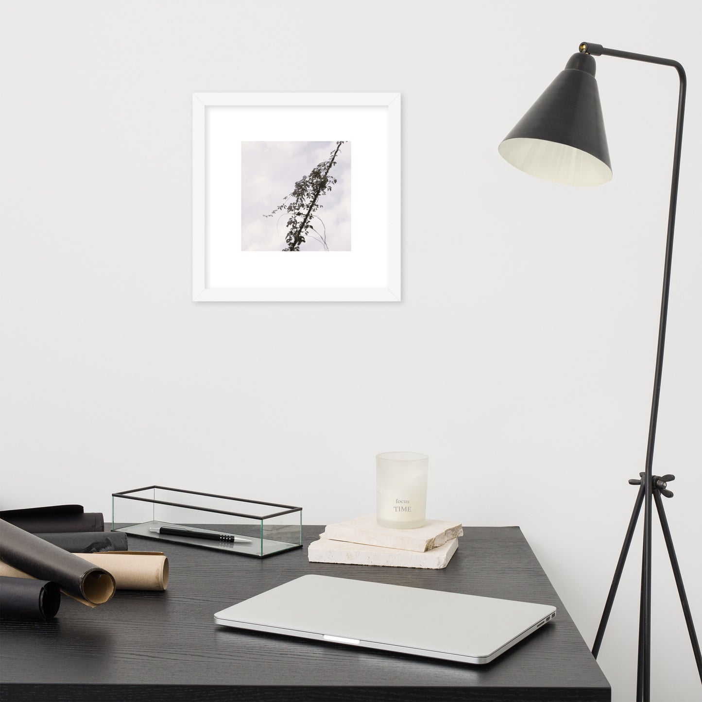 Minimalist mode style framed matte paper poster with a 'Vines Entangled on a Utility Pole' black and white photo print and a white frame / モードストリート系フレーム付きポスター（ホワイトフレーム）、「電柱に絡まるツル」のモノクロ写真プリント（壁掛けアート）
