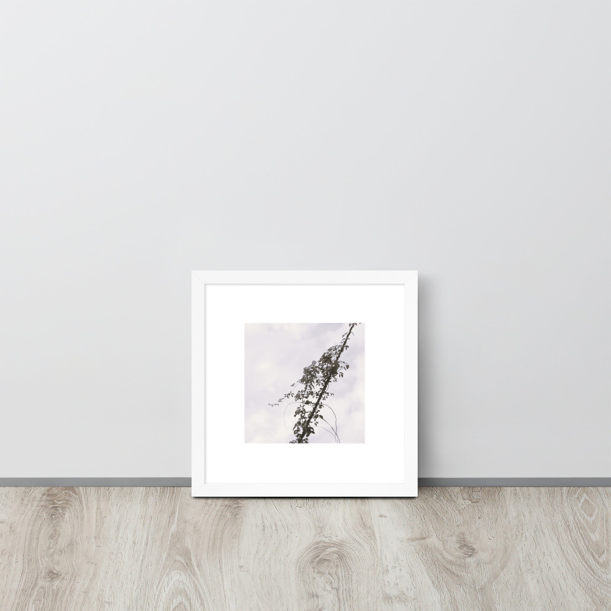 Minimalist mode style framed matte paper poster with a 'Vines Entangled on a Utility Pole' black and white photo print and a white frame / モードストリート系フレーム付きポスター（ホワイトフレーム）、「電柱に絡まるツル」のモノクロ写真プリント（壁掛けアート）