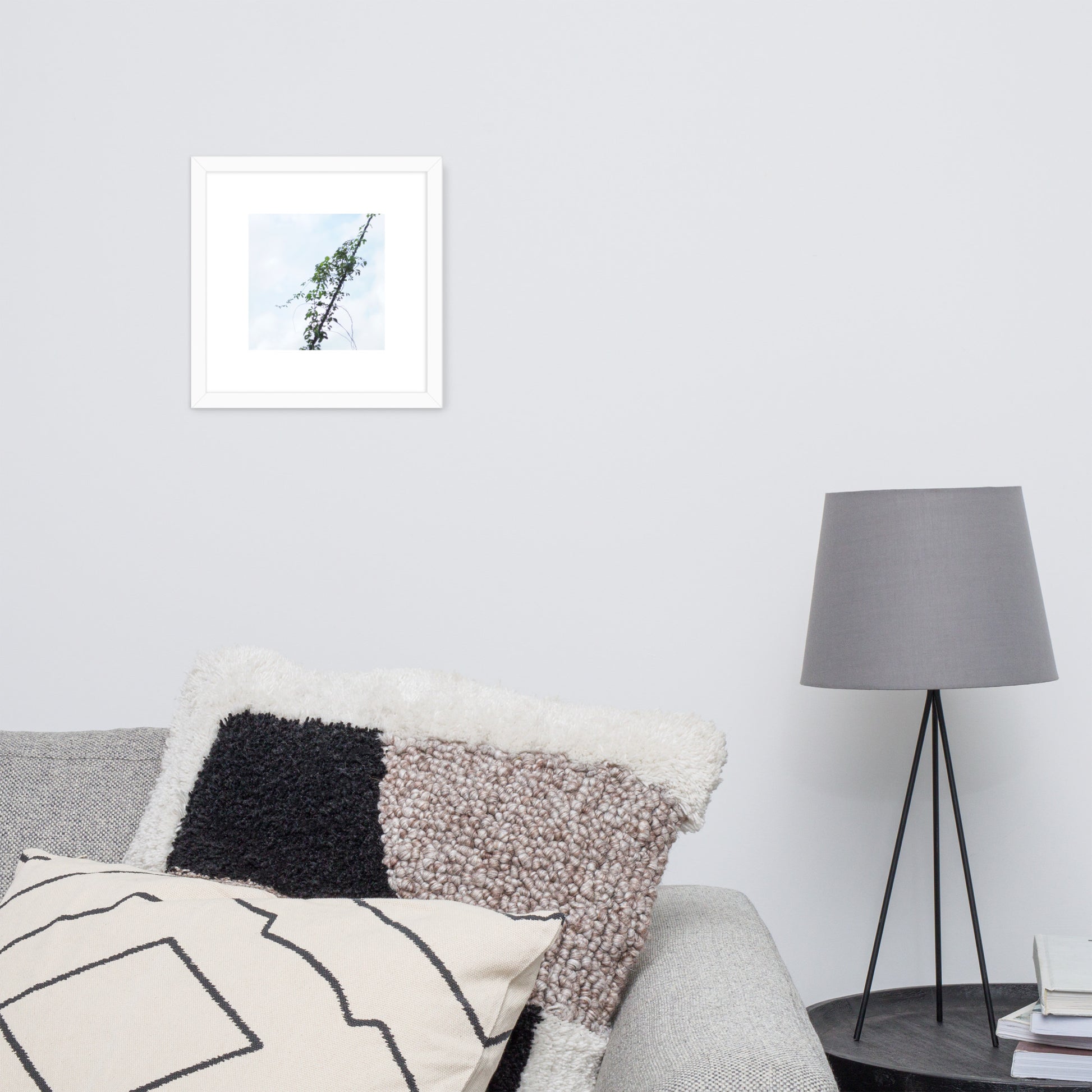 Minimalist mode style framed matte paper poster with a 'Vines Entangled on a Utility Pole' photo print and a white frame / モードストリート系フレーム付きポスター（ホワイトフレーム）、「電柱に絡まるツル」の写真プリント（壁掛けアート）