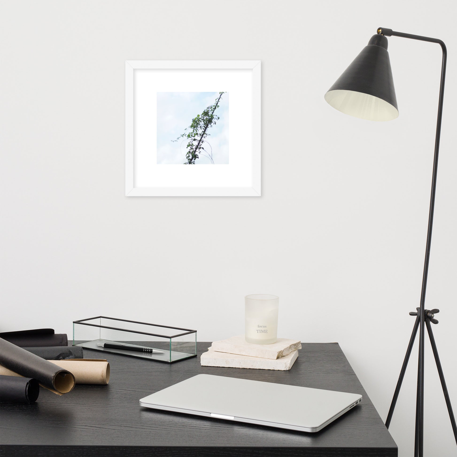 Minimalist mode style framed matte paper poster with a 'Vines Entangled on a Utility Pole' photo print and a white frame / モードストリート系フレーム付きポスター（ホワイトフレーム）、「電柱に絡まるツル」の写真プリント（壁掛けアート）